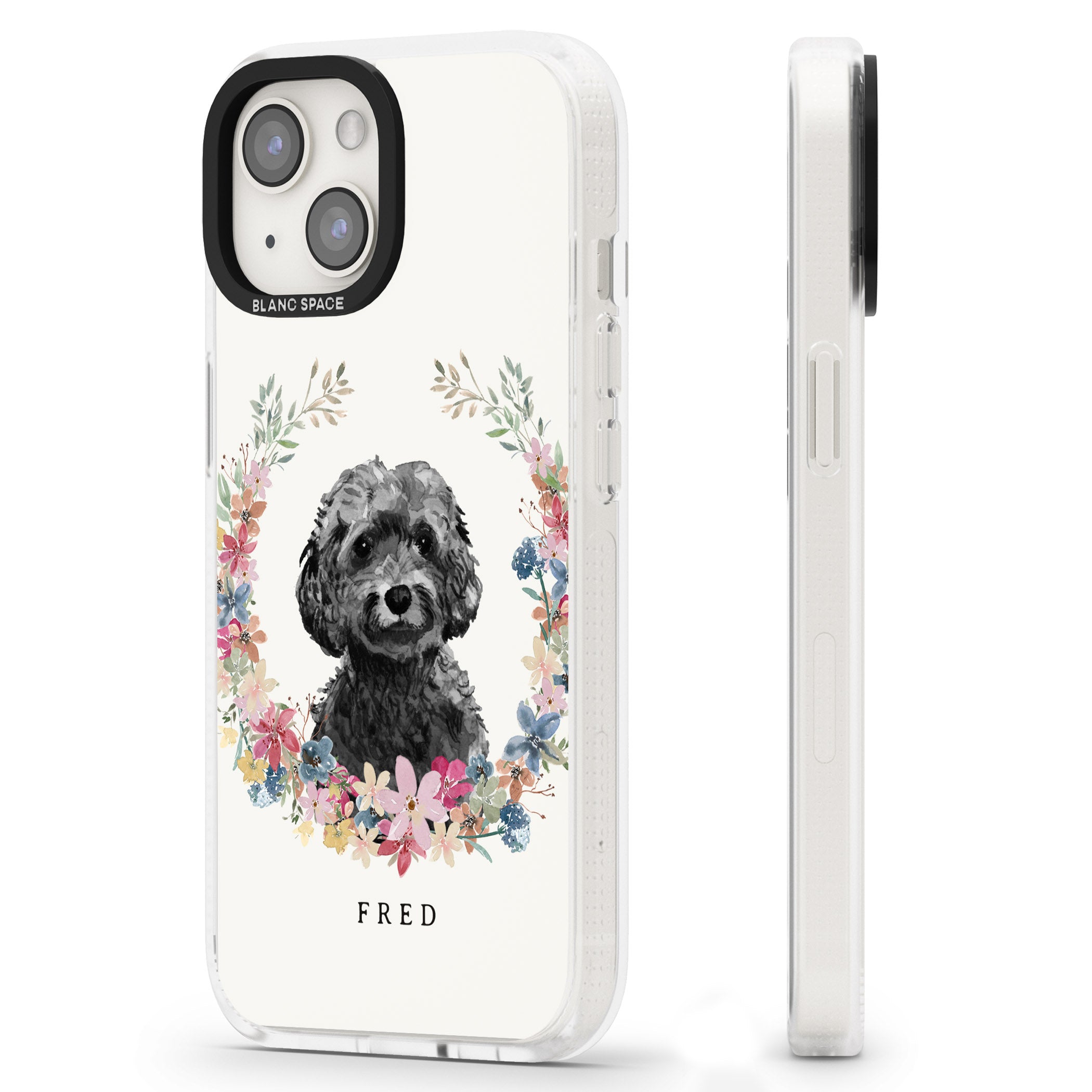 Personalised Black Cockapoo - Watercolour Dog Portrait iPhone 15 / 14 / 13 Clear Case Impact Air - Blanc Space