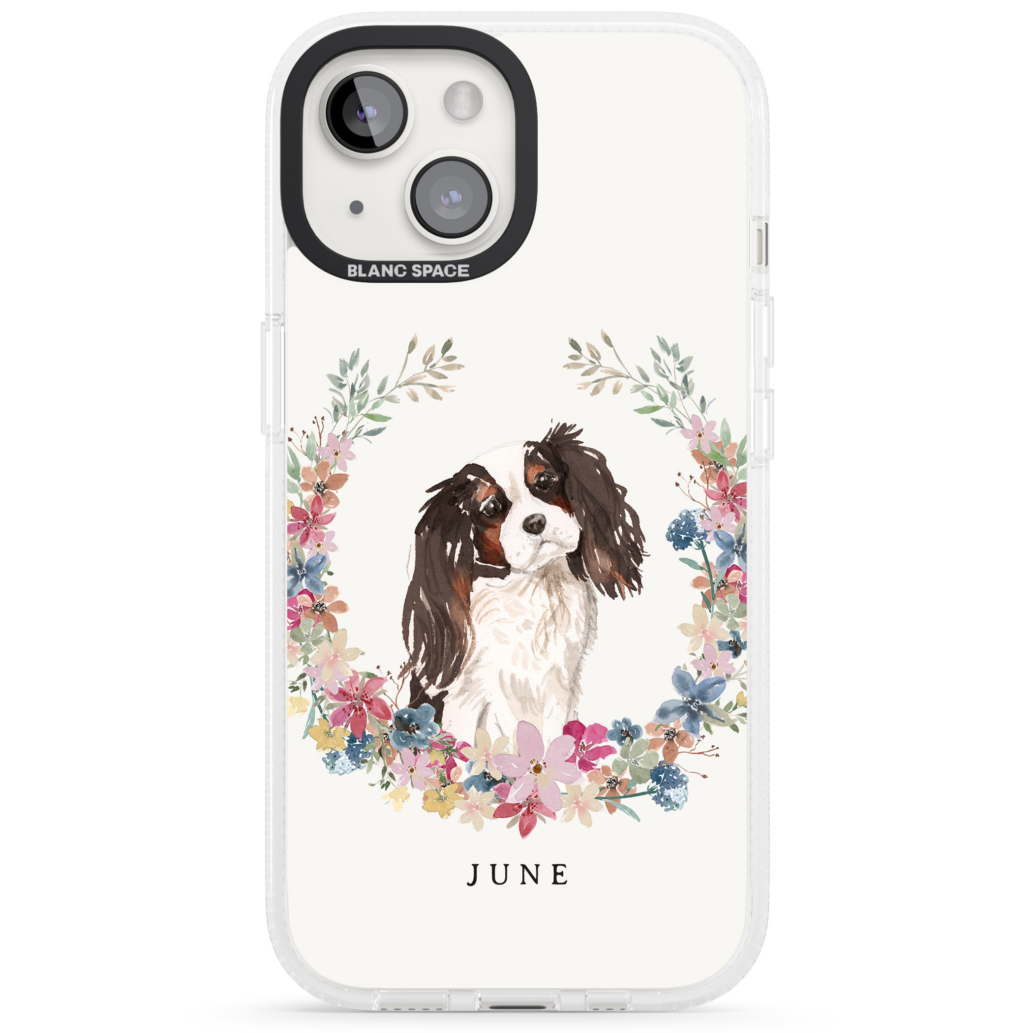 Personalised Tri Coloured King Charles Watercolour Dog Portrait iPhone 15 / 14 / 13 Clear Case Impact Air - Blanc Space