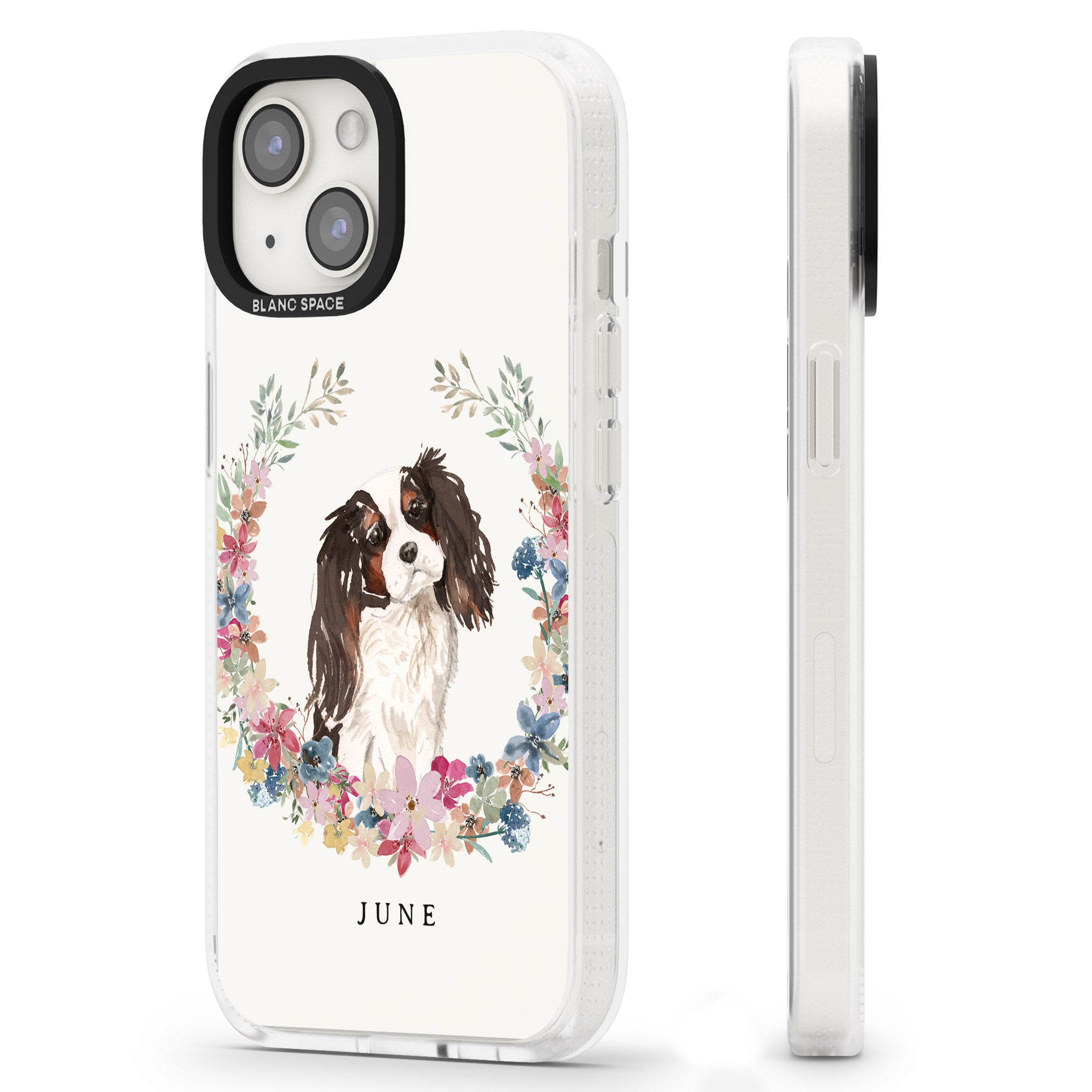 Personalised Tri Coloured King Charles Watercolour Dog Portrait iPhone 15 / 14 / 13 Clear Case Impact Air - Blanc Space