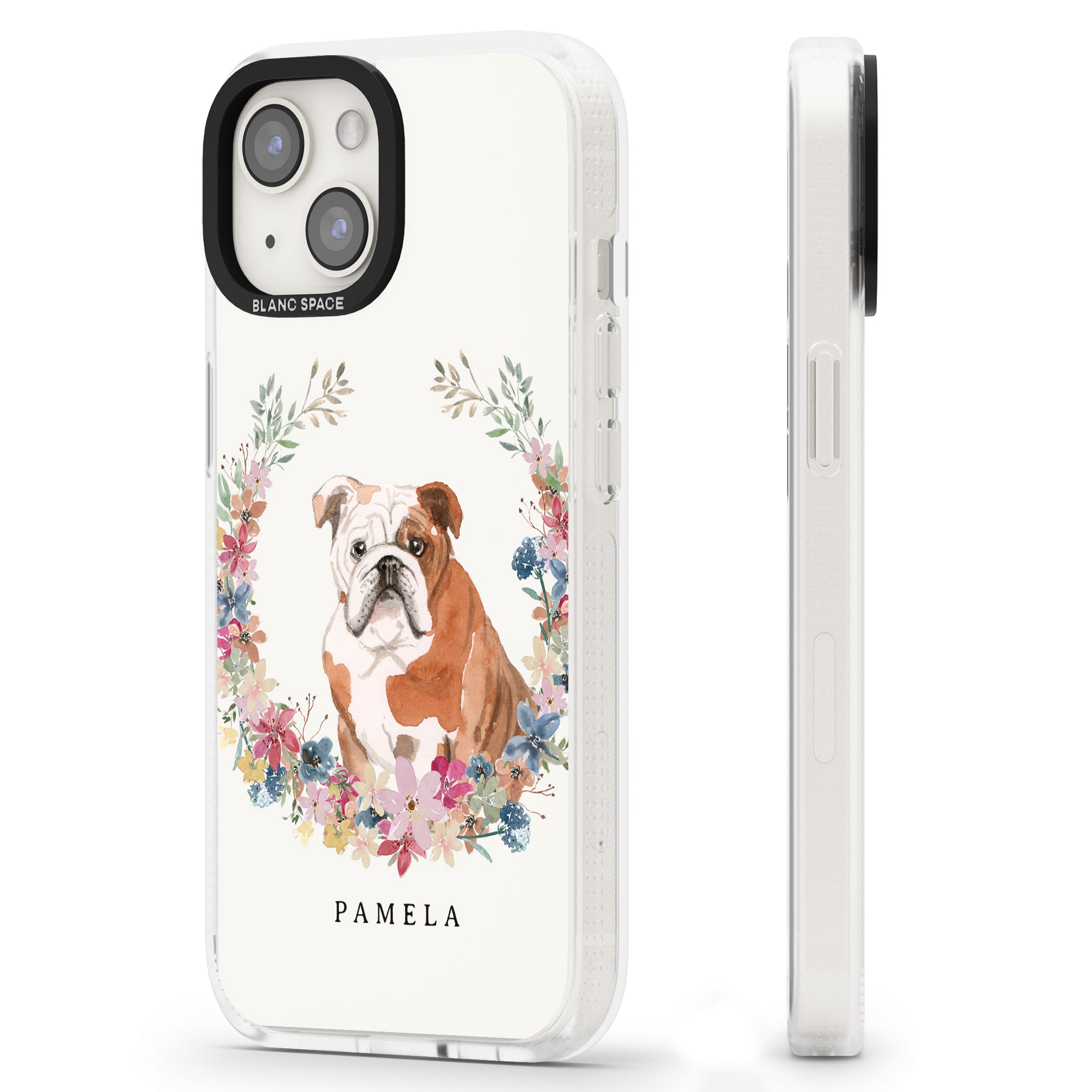 Personalised English Bulldog - Watercolour Dog Portrait iPhone 15 / 14 / 13 Clear Case Impact Air - Blanc Space