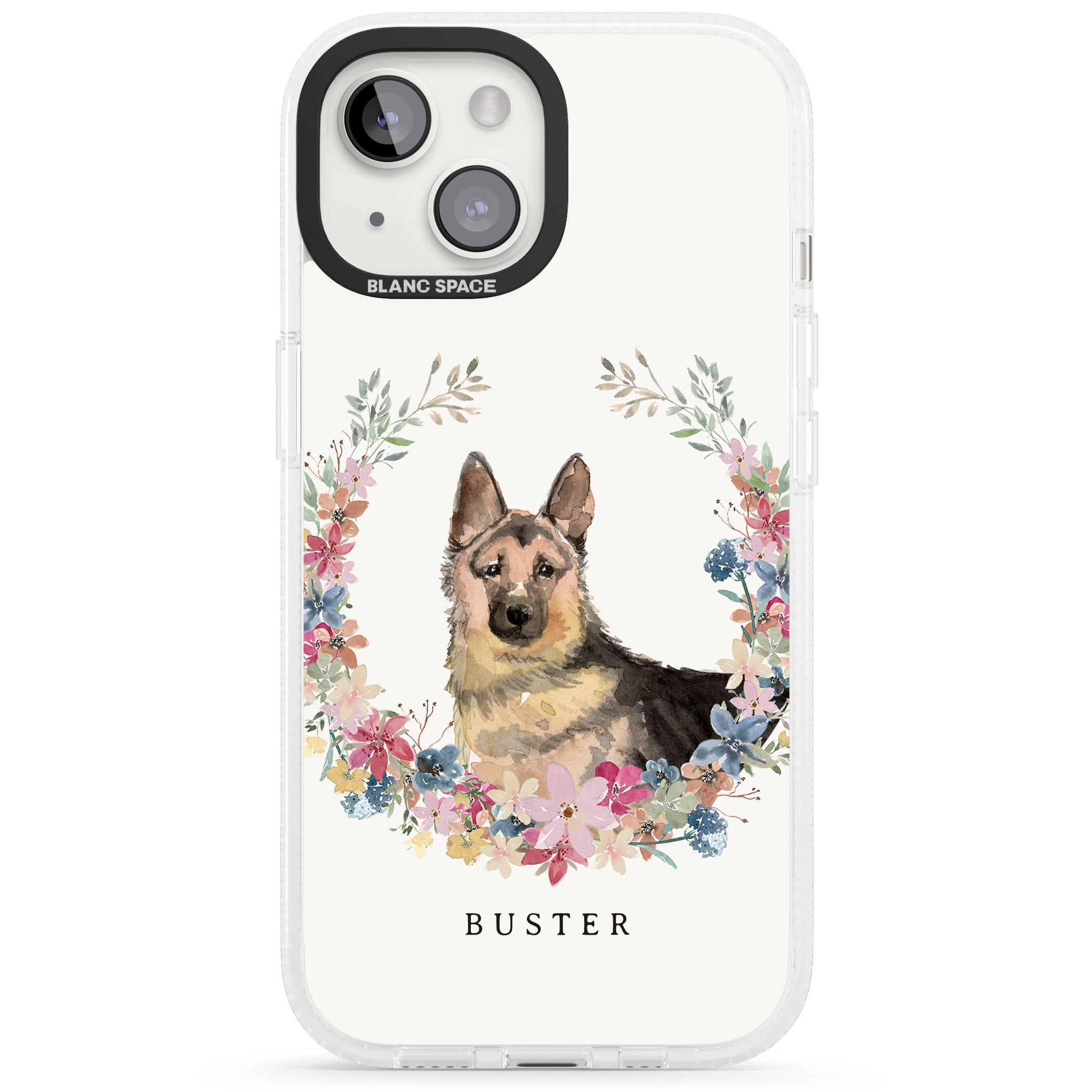 Personalised German Shepherd - Watercolour Dog Portrait iPhone 15 / 14 / 13 Clear Case Impact Air - Blanc Space