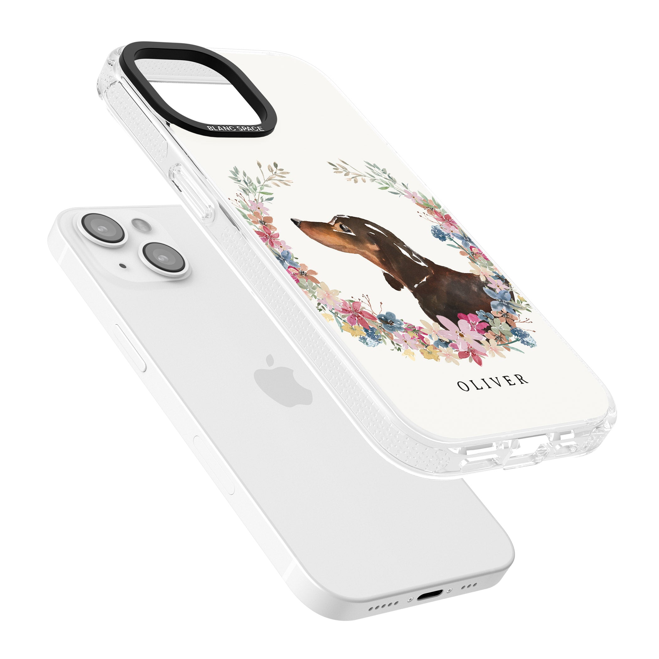 Personalised Black & Tan Dachshund - Watercolour Dog Portrait iPhone 15 / 14 / 13 Clear Case Impact Air - Blanc Space