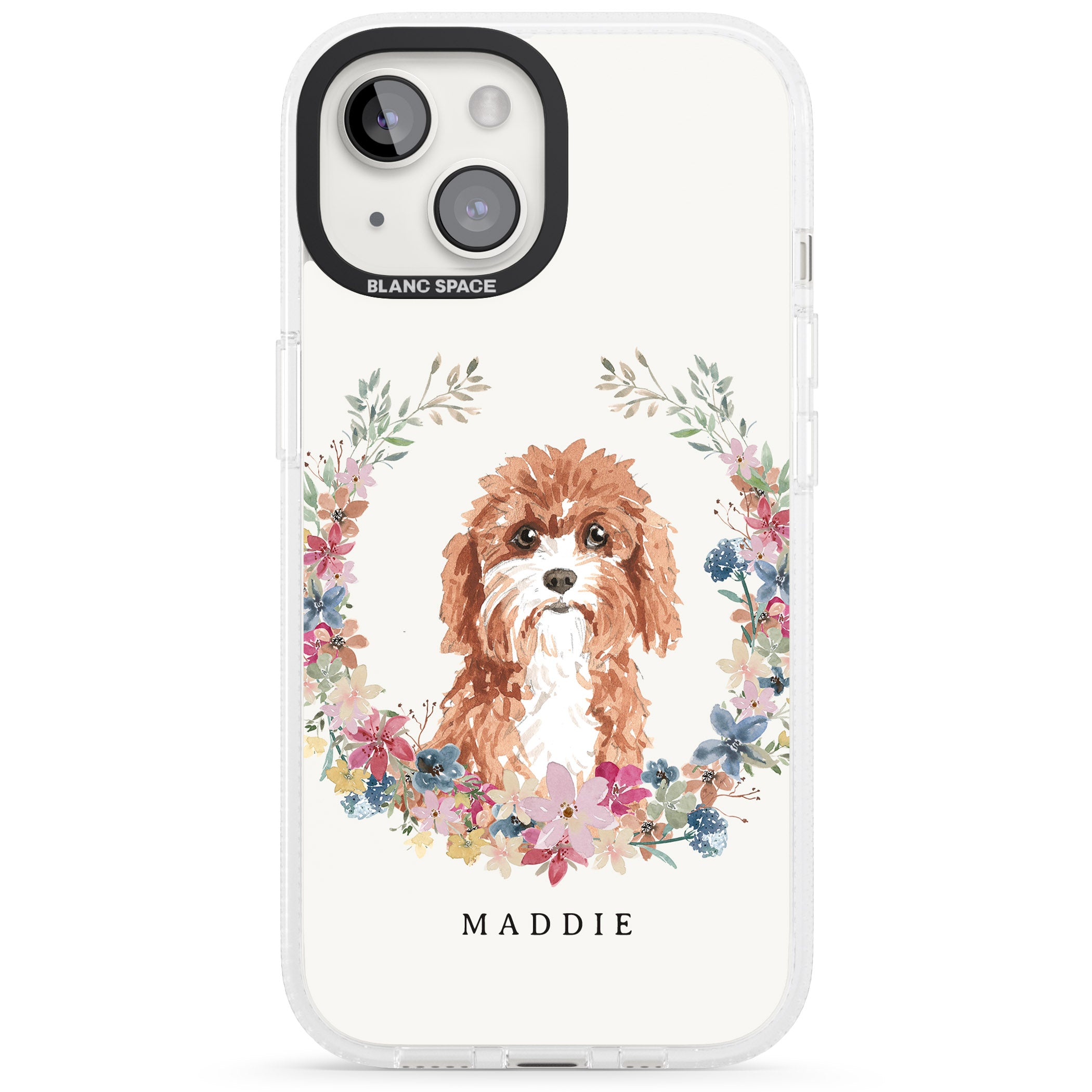 Personalised Cavapoo - Watercolour Dog Portrait iPhone 15 / 14 / 13 Clear Case Impact Air - Blanc Space