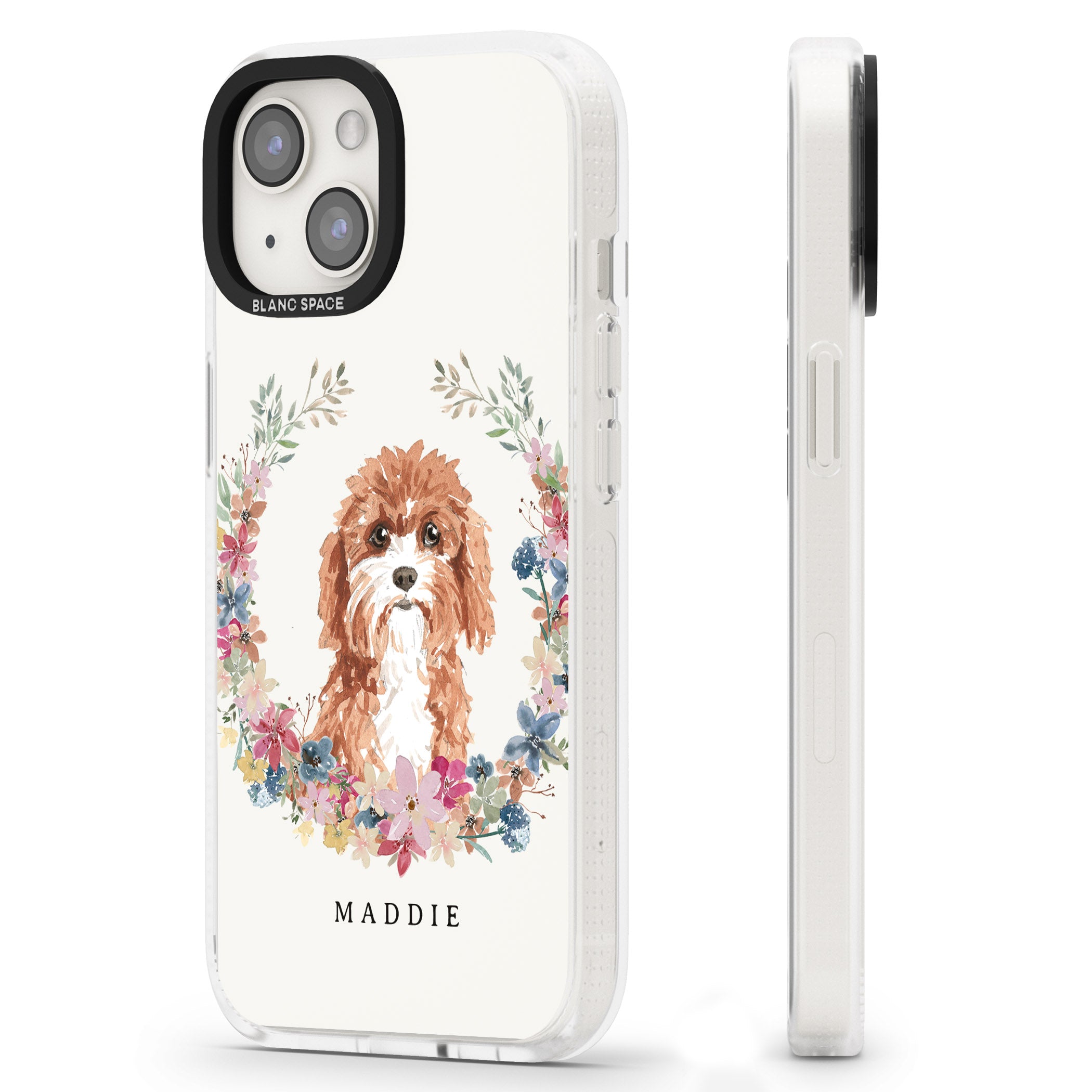 Personalised Cavapoo - Watercolour Dog Portrait iPhone 15 / 14 / 13 Clear Case Impact Air - Blanc Space