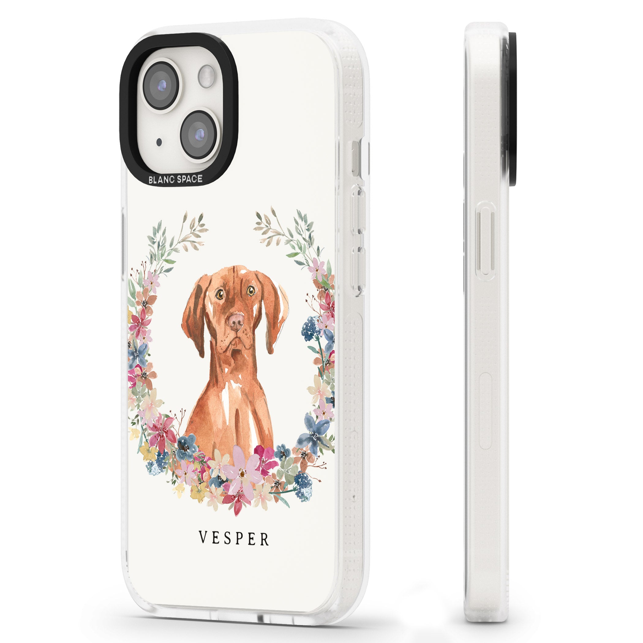 Personalised Hungarian Vizsla - Watercolour Dog Portrait iPhone 15 / 14 / 13 Clear Case Impact Air - Blanc Space