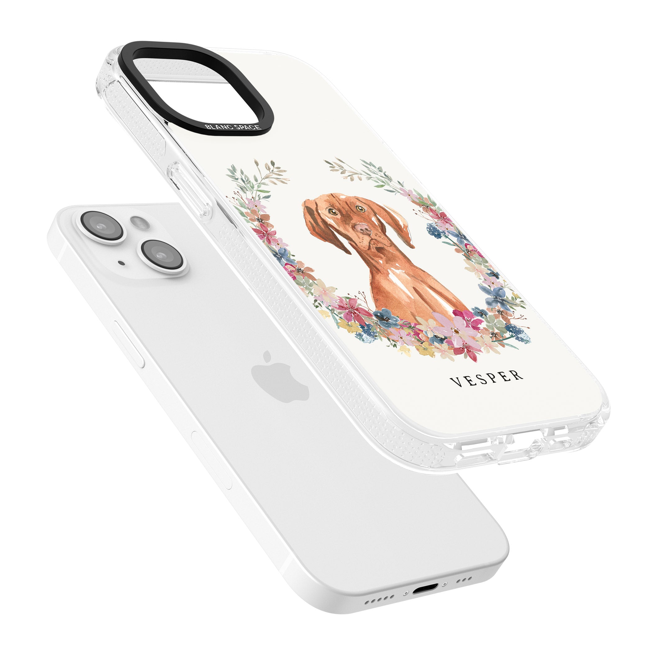 Personalised Hungarian Vizsla - Watercolour Dog Portrait iPhone 15 / 14 / 13 Clear Case Impact Air - Blanc Space