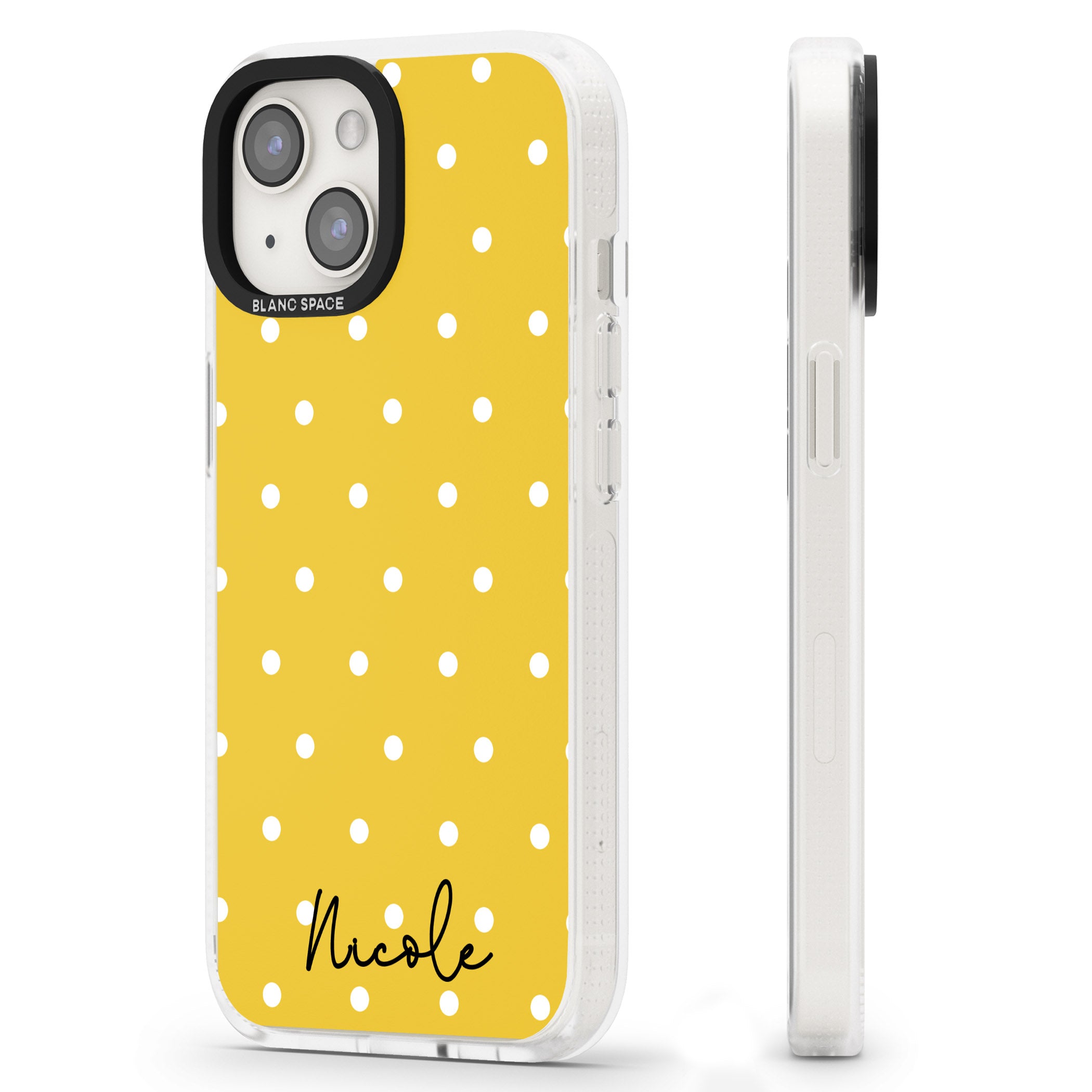 Personalised Yellow Polka Dot iPhone 15 / 14 / 13 Clear Case Impact Air - Blanc Space
