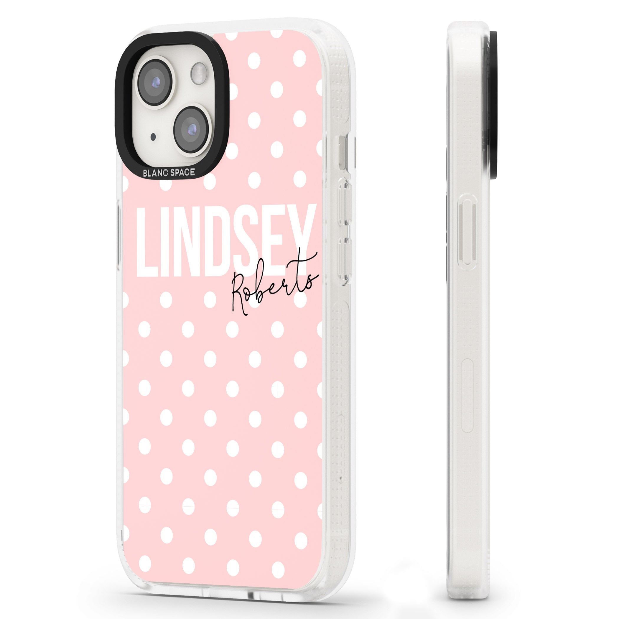 Personalised Pink Polka iPhone 15 / 14 / 13 Clear Case Impact Air - Blanc Space