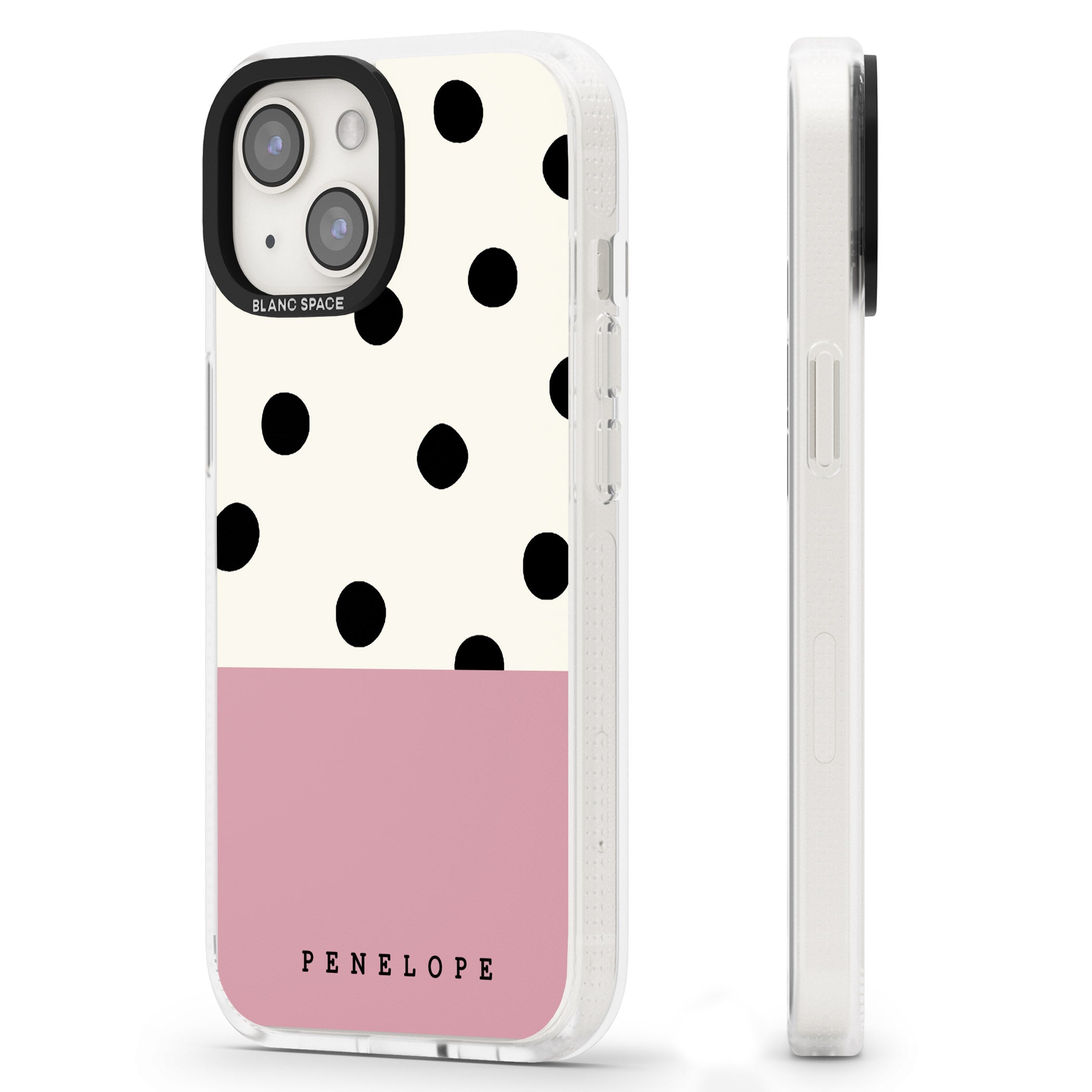 Personalised Pink Border Polka Dot iPhone 15 / 14 / 13 Clear Case Impact Air - Blanc Space