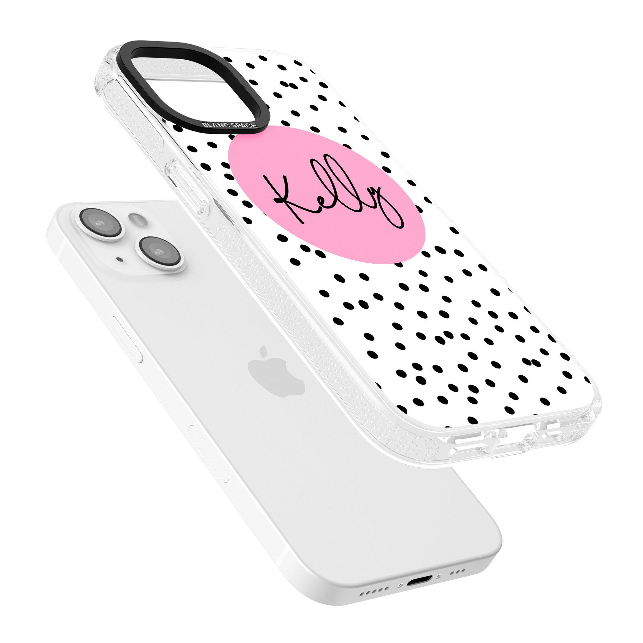 Personalised Pink Circle & Dots iPhone 15 / 14 / 13 Clear Case Impact Air - Blanc Space