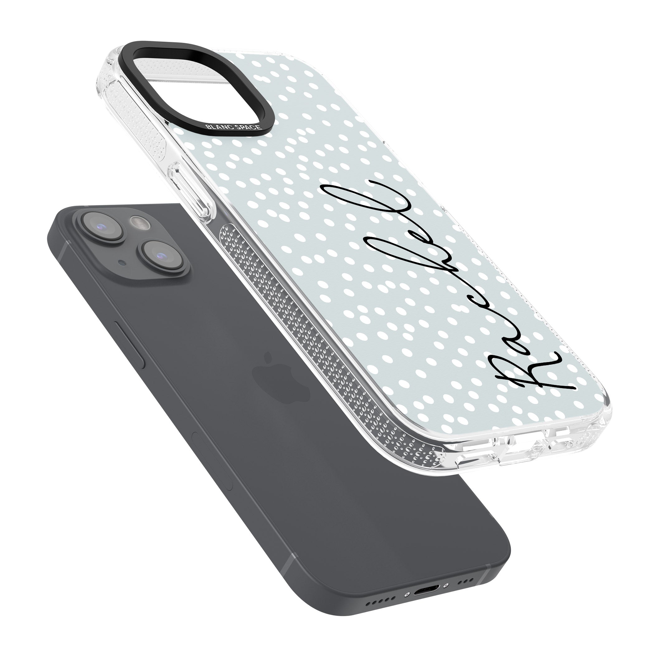 Personalised Vertical Cursive & Dots iPhone 15 / 14 / 13 Clear Case Impact Air - Blanc Space