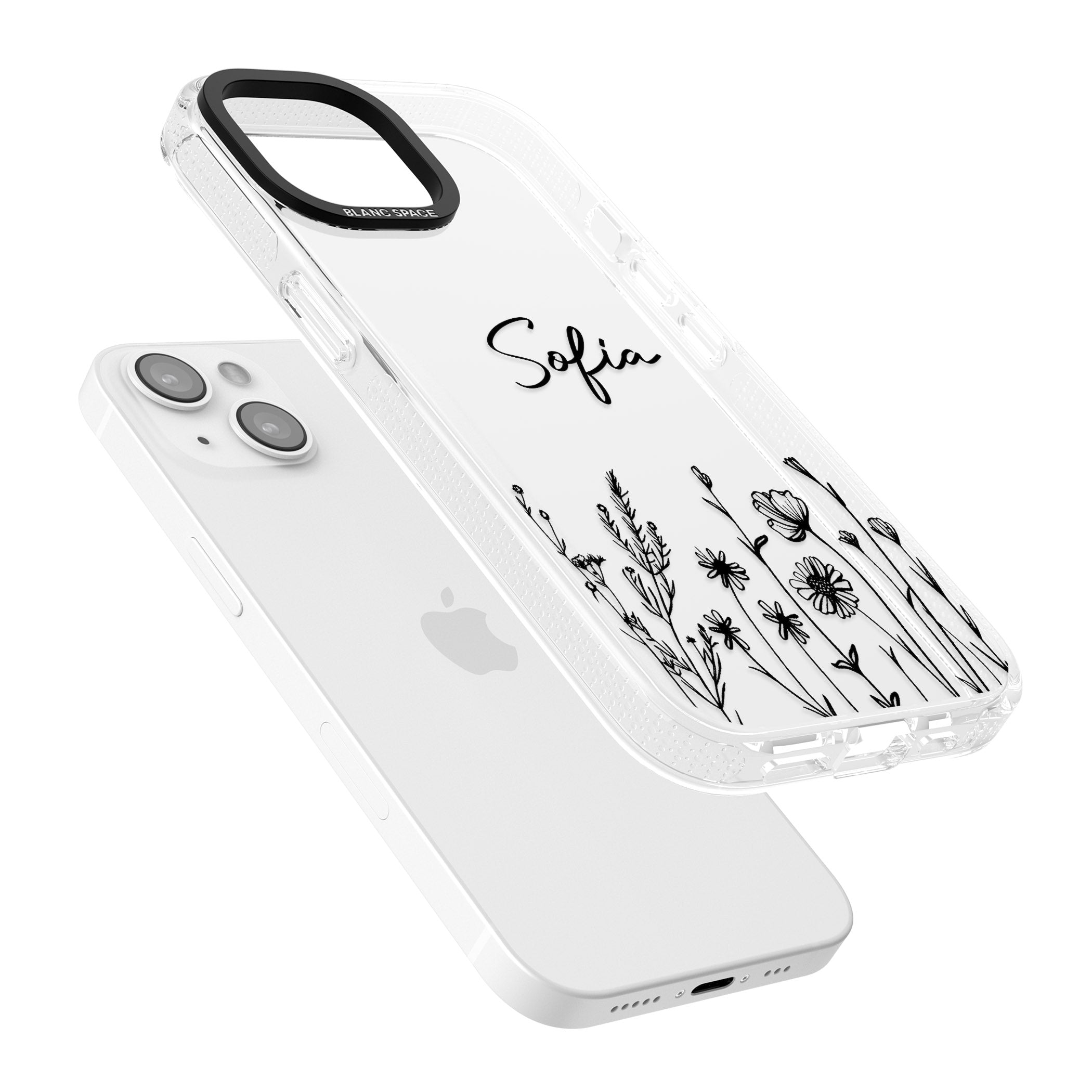 Personalised Black Wildflowers iPhone 15 / 14 / 13 Clear Case Impact Air - Blanc Space