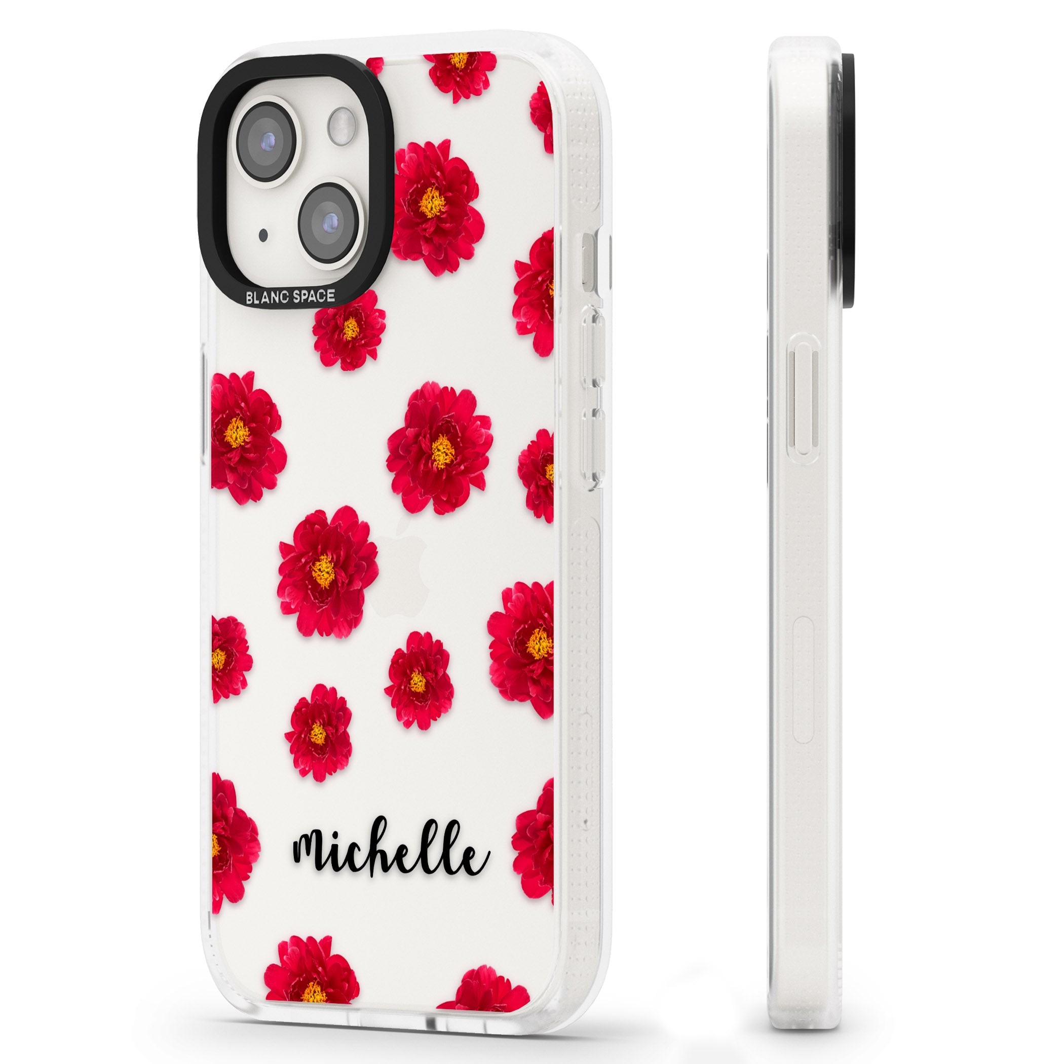 Personalised Red Peonies & Cursive iPhone 15 / 14 / 13 Clear Case Impact Air - Blanc Space