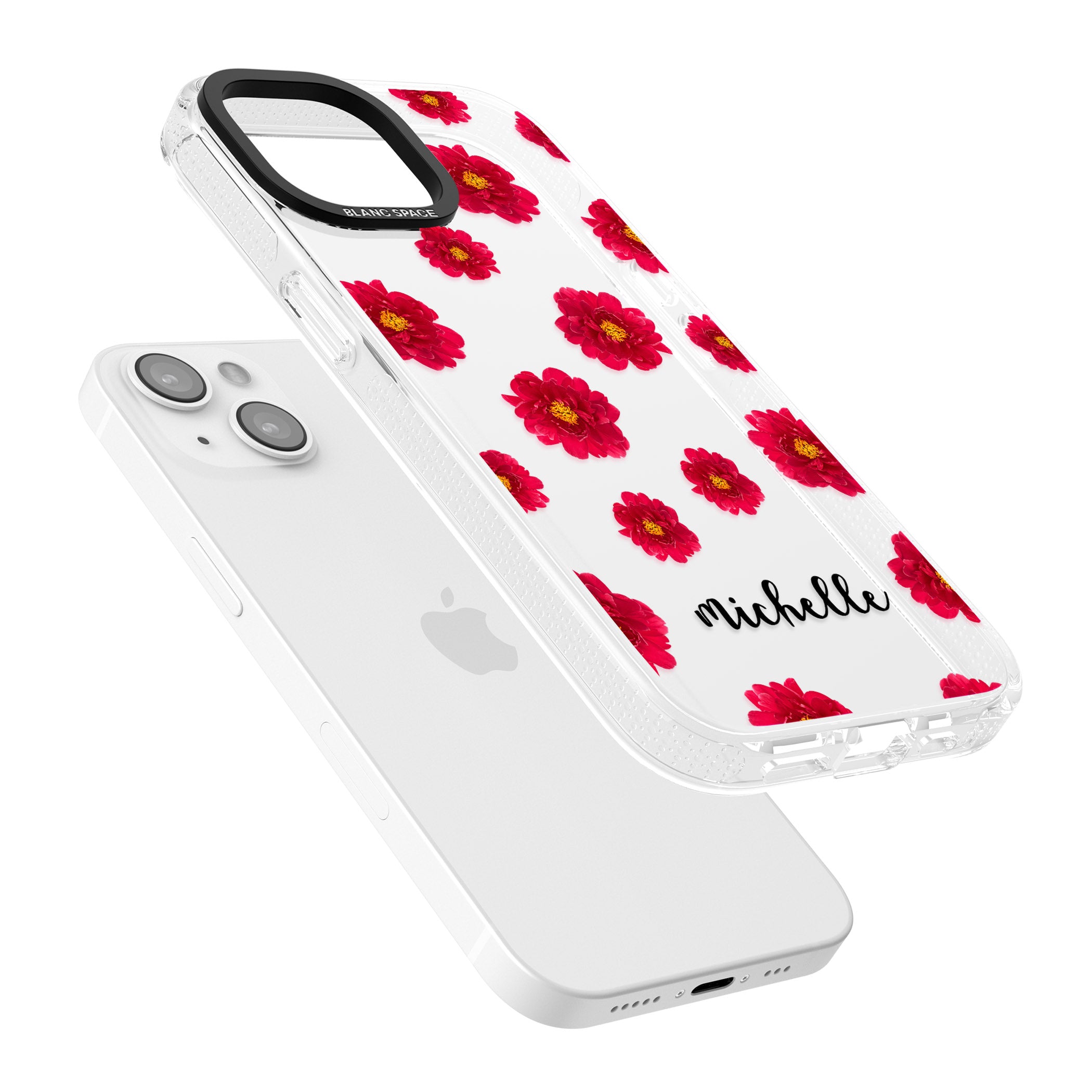 Personalised Red Peonies & Cursive iPhone 15 / 14 / 13 Clear Case Impact Air - Blanc Space