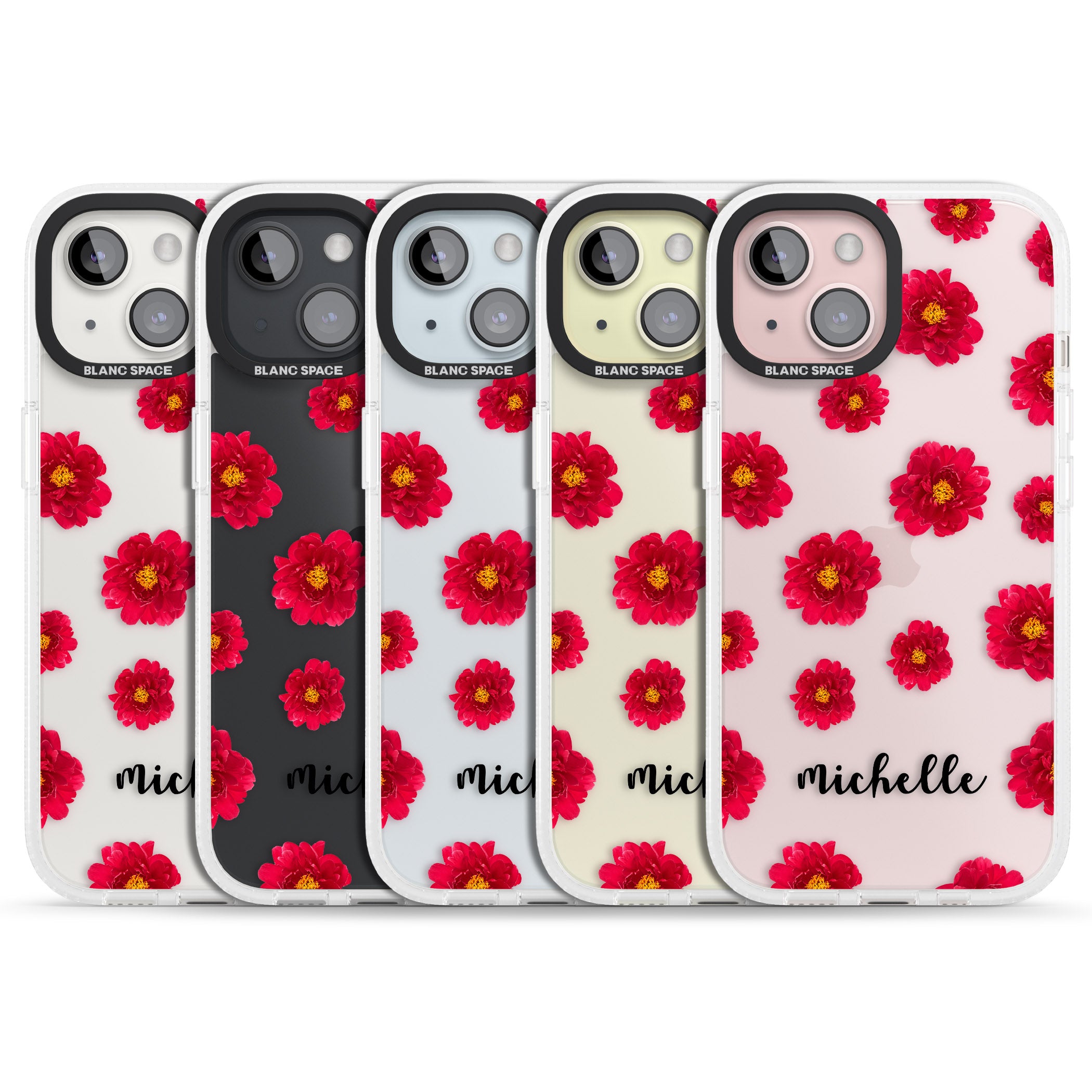 Personalised Red Peonies & Cursive iPhone 15 / 14 / 13 Clear Case Impact Air - Blanc Space
