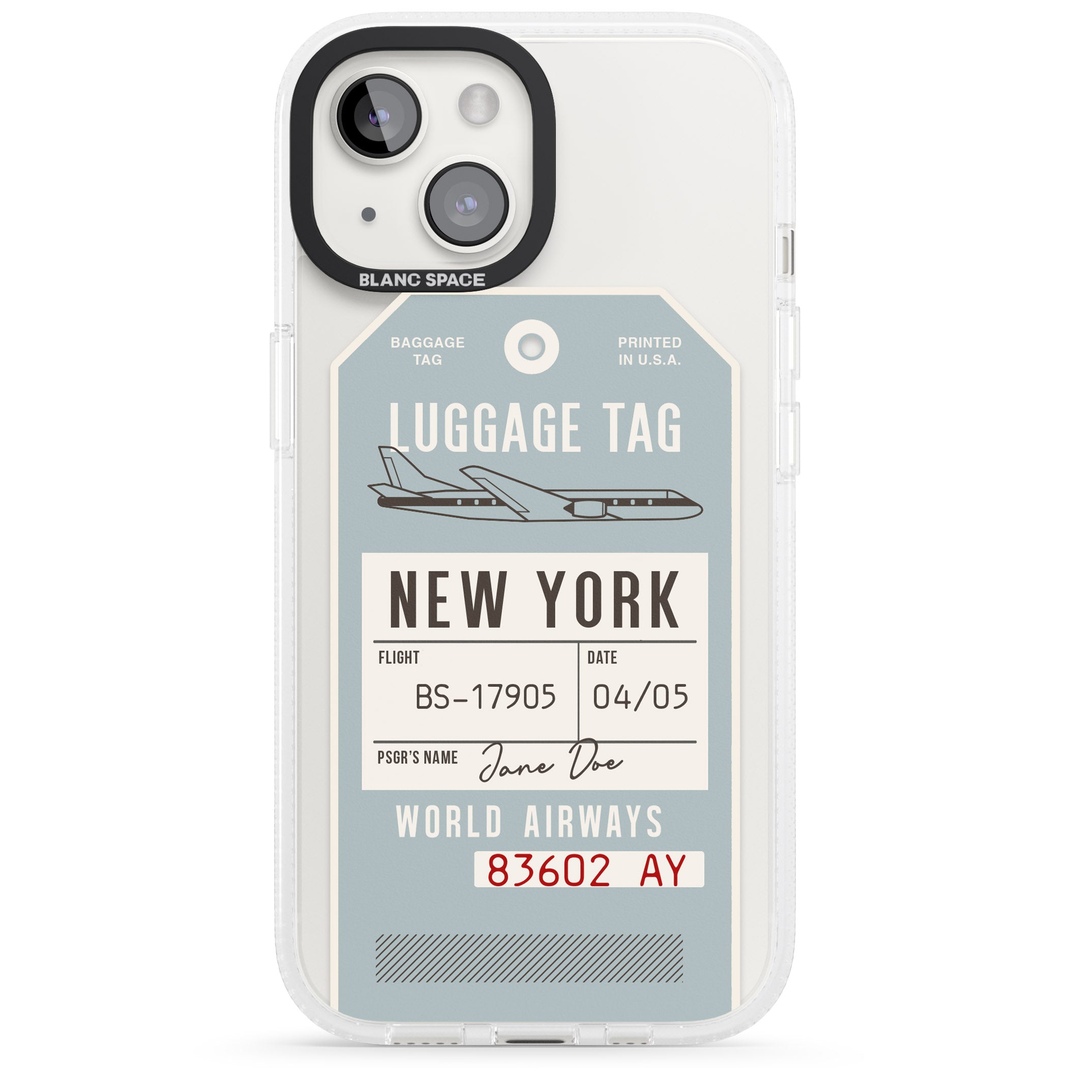 Personalised Vintage USA Luggage Tag iPhone 15 / 14 / 13 Clear Case Impact Air - Blanc Space