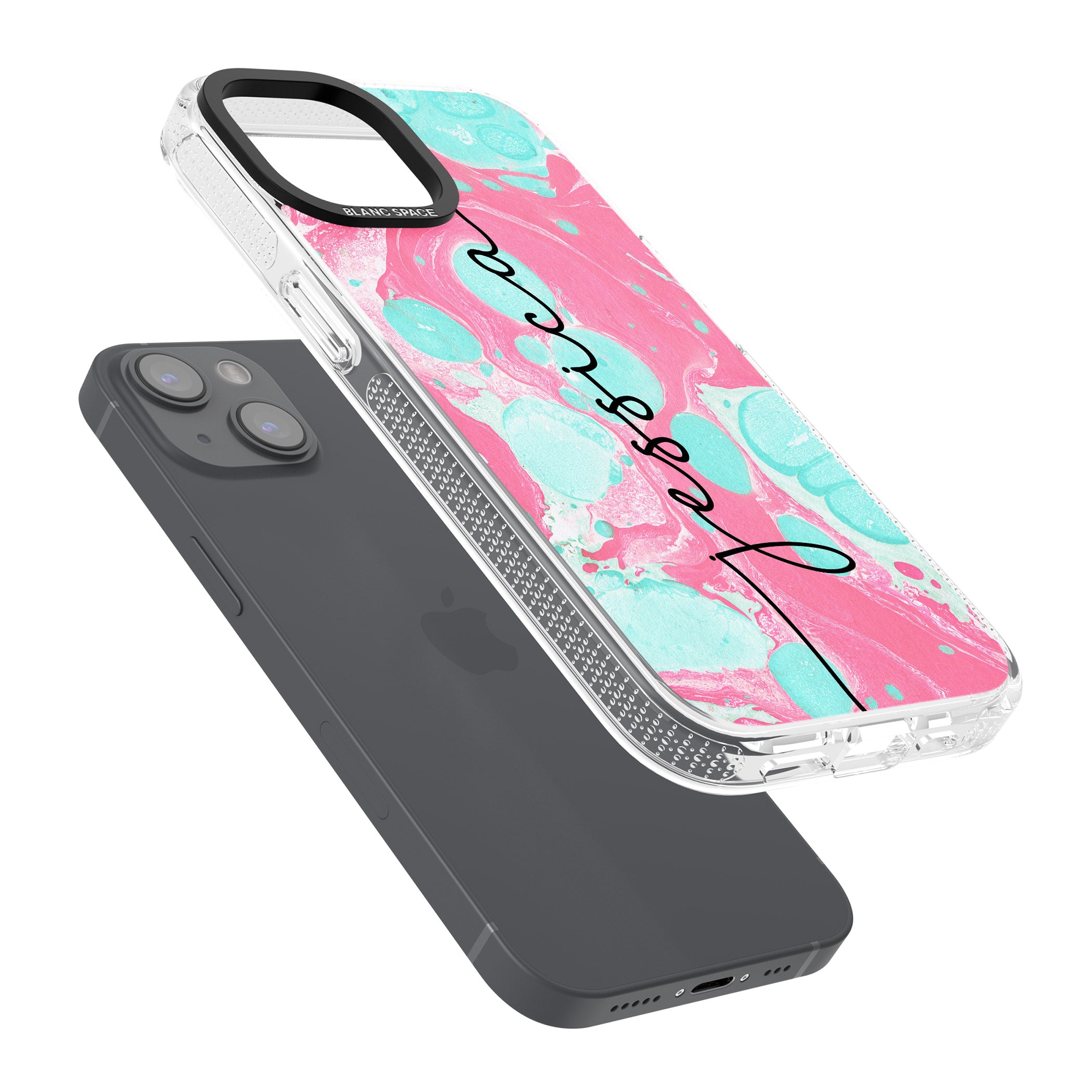 Personalised Turquoise & Pink - Marbled iPhone 15 / 14 / 13 Clear Case Impact Air - Blanc Space