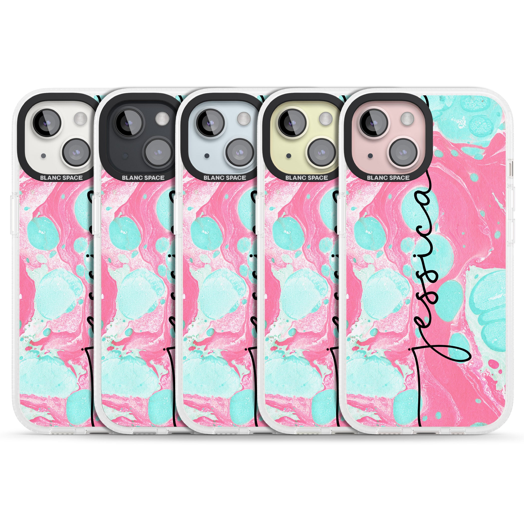Personalised Turquoise & Pink - Marbled iPhone 15 / 14 / 13 Clear Case Impact Air - Blanc Space