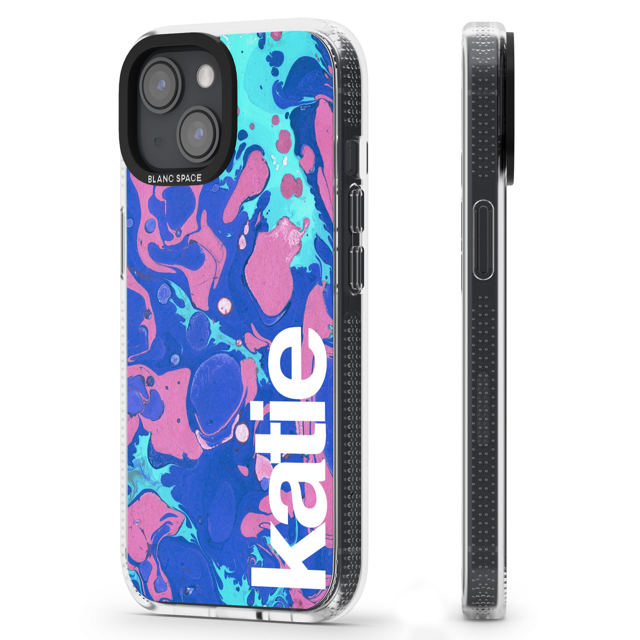 Personalised Navy, Turquoise + Purple - Marbled iPhone 15 / 14 / 13 Clear Case Impact Air - Blanc Space