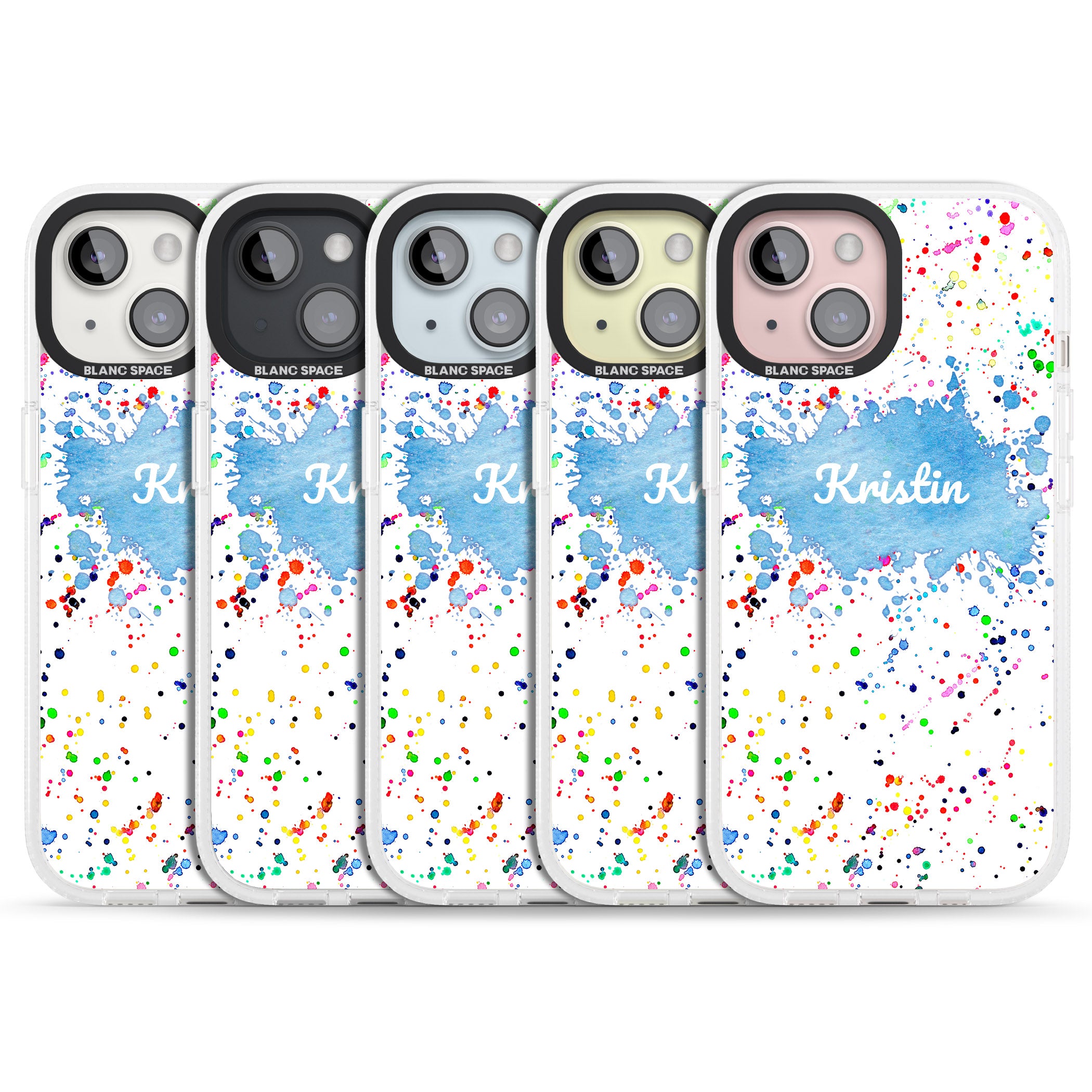 Personalised Rainbow Paint Splatter iPhone 15 / 14 / 13 Clear Case Impact Air - Blanc Space