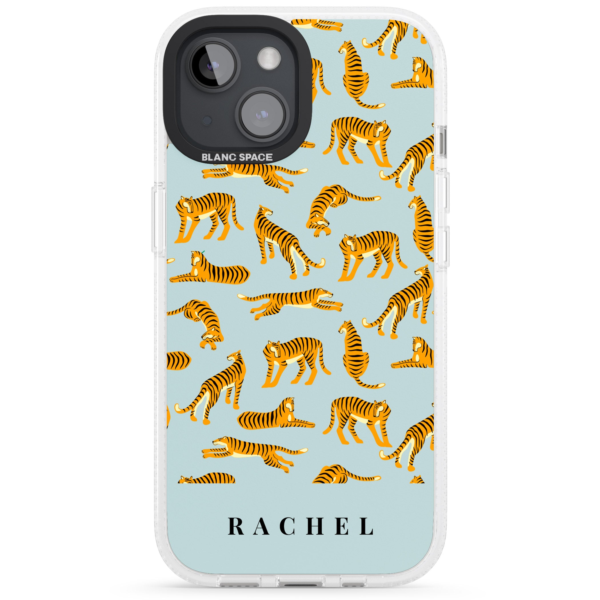 Personalised Tiger Pattern: Turquoise Blue iPhone 15 / 14 / 13 Clear Case Impact Air - Blanc Space
