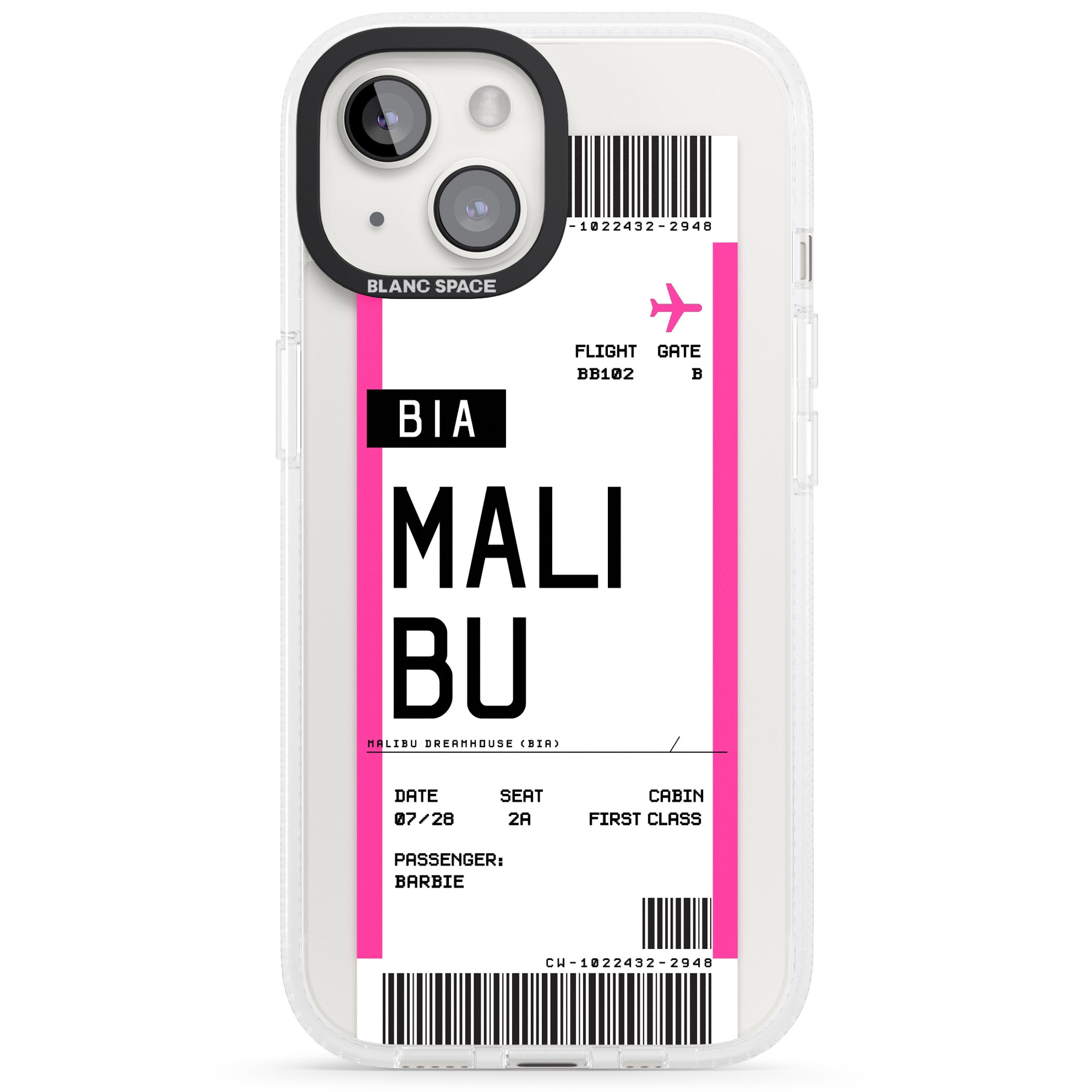 Personalised Pink Malibu Boarding Pass iPhone 15 / 14 / 13 Clear Case Impact Air - Blanc Space