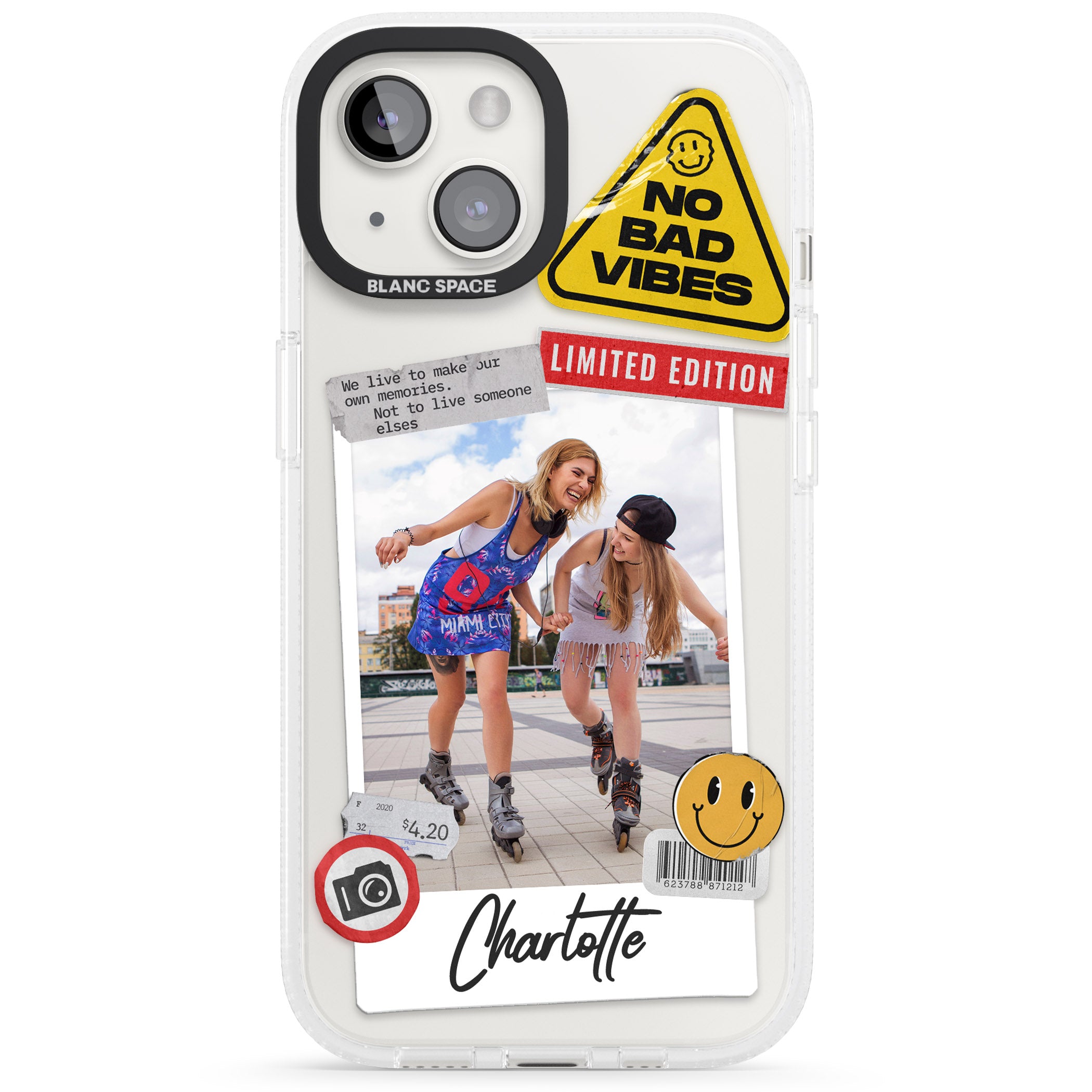 Personalised Sticker Mix Instant Photo iPhone 15 / 14 / 13 Clear Case Impact Air - Blanc Space