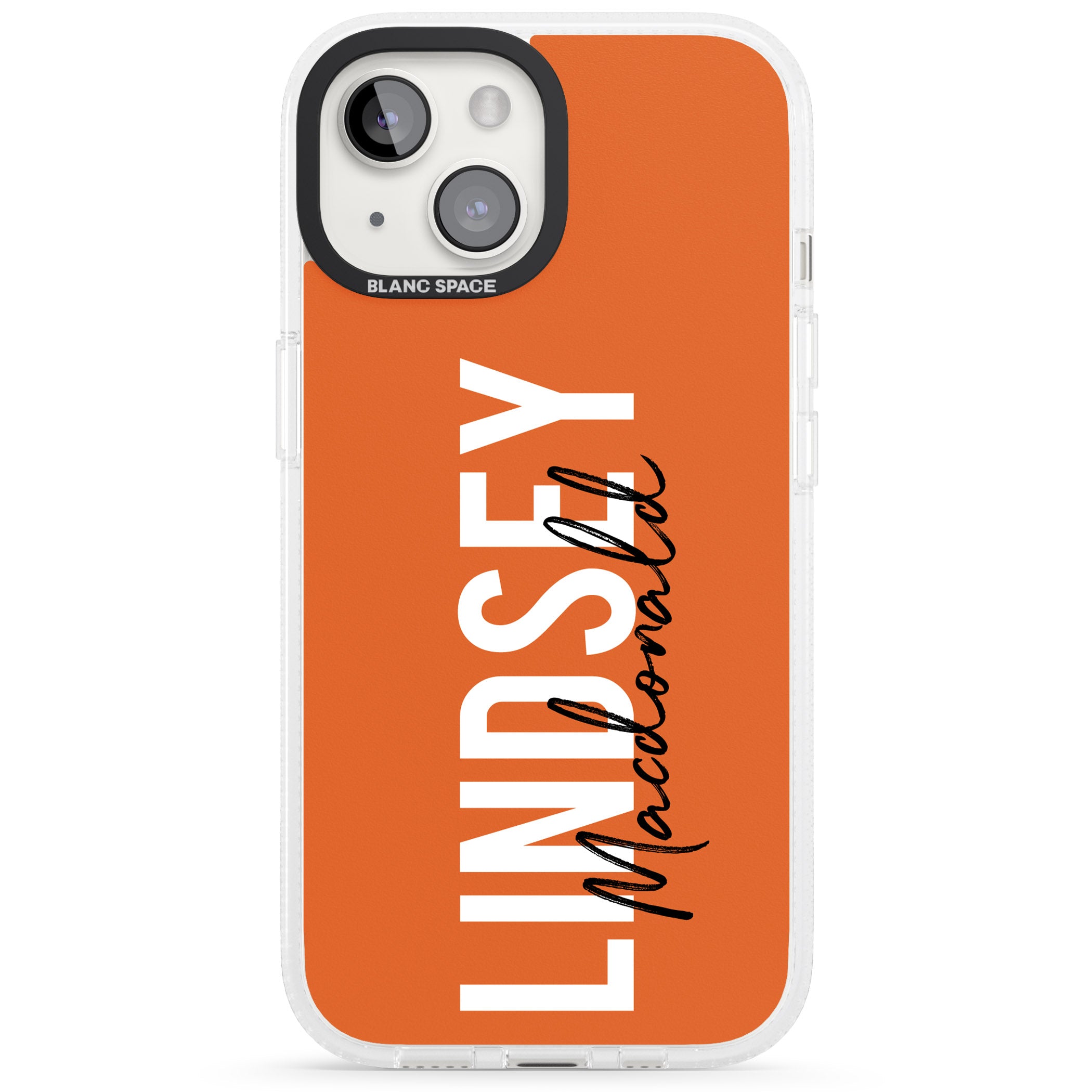 Personalised Bold Name: Orange iPhone 15 / 14 / 13 Clear Case Impact Air - Blanc Space