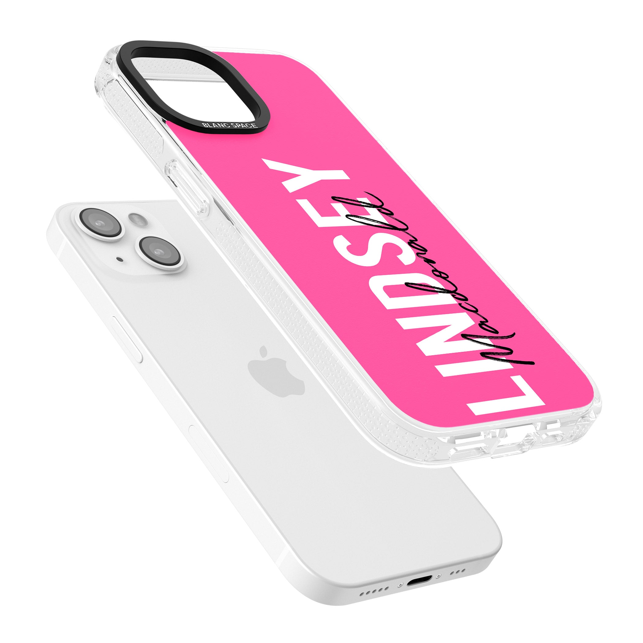 Personalised Bold Name: Pink iPhone 15 / 14 / 13 Clear Case Impact Air - Blanc Space