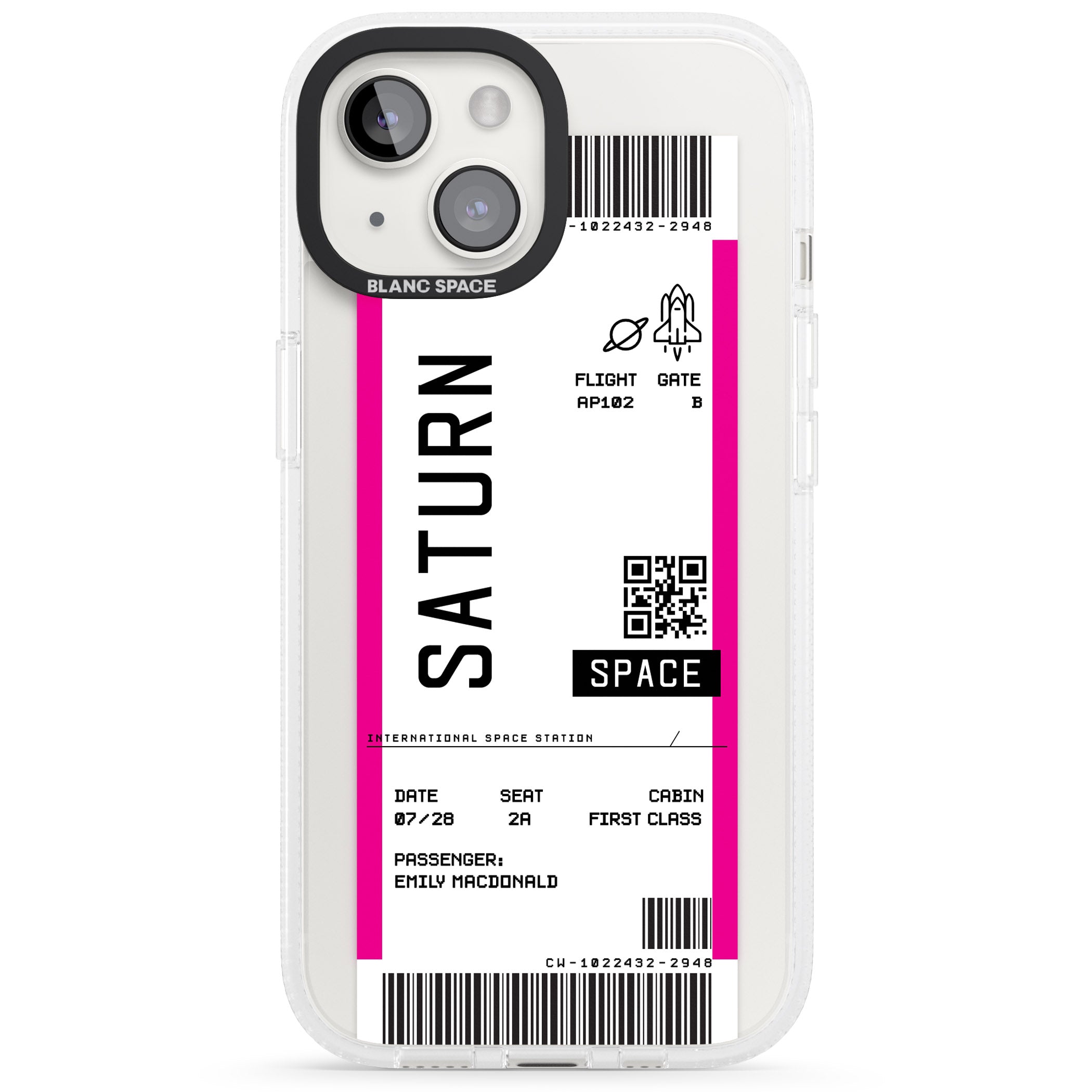 Personalised Saturn Space Travel Ticket iPhone 15 / 14 / 13 Clear Case Impact Air - Blanc Space