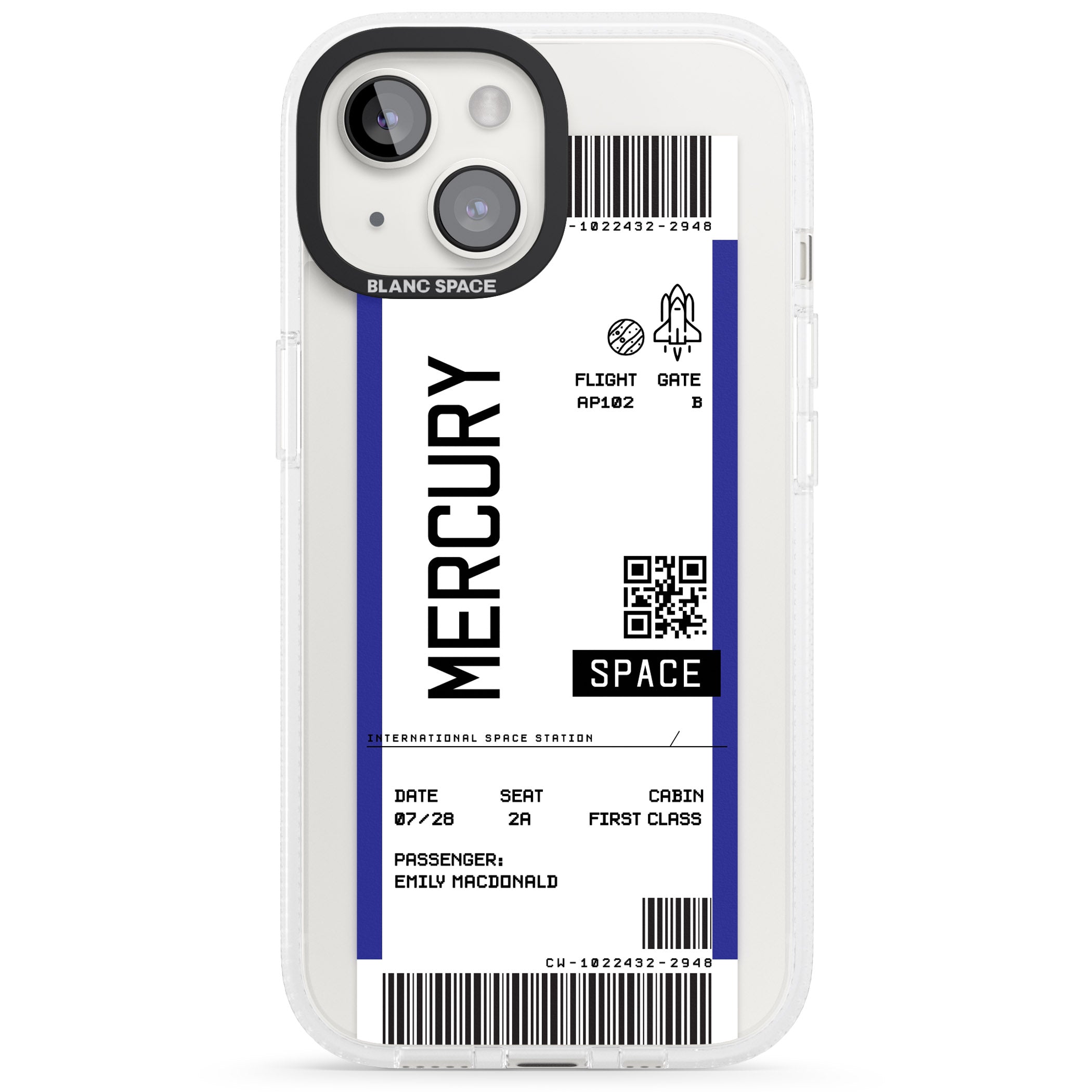 Personalised Mercury Space Travel Ticket iPhone 15 / 14 / 13 Clear Case Impact Air - Blanc Space