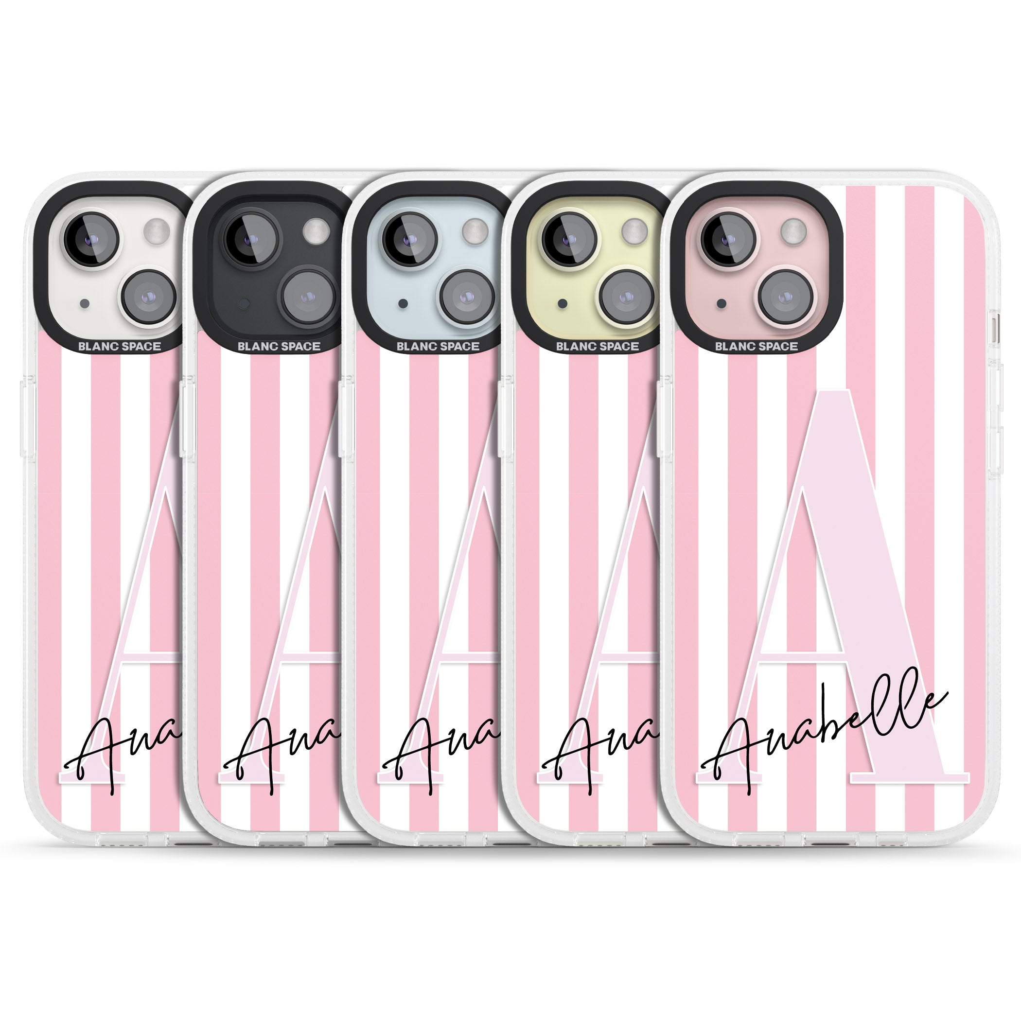 Personalised Pink Stripes & Large Monogram iPhone 15 / 14 / 13 Clear Case Impact Air - Blanc Space
