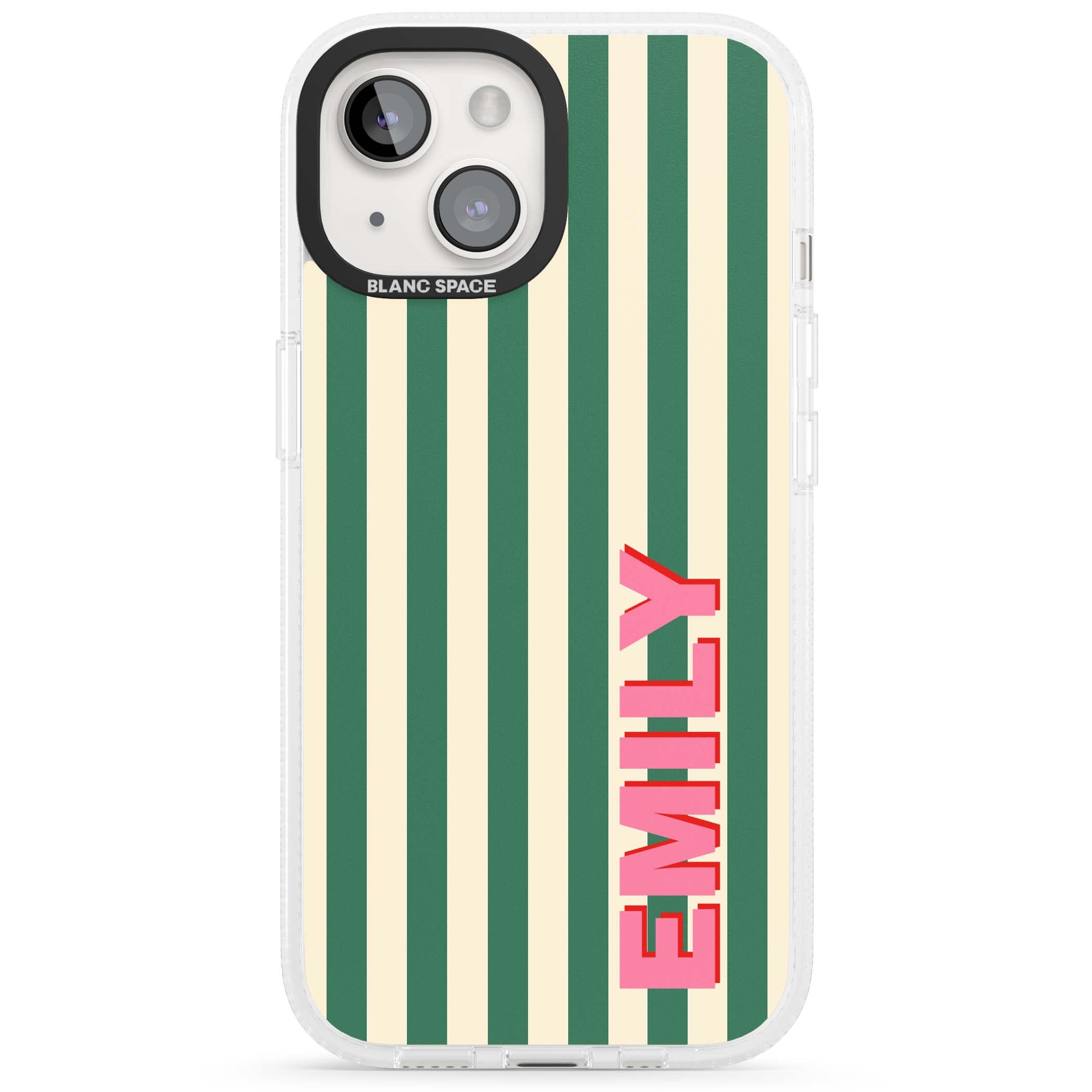 Wimbledon Stripe preppy iPhone case featuring green and cream vertical stripes with a personalised pink name | Clear Case Impact Air case for iPhone 15, iPhone 15 Plus