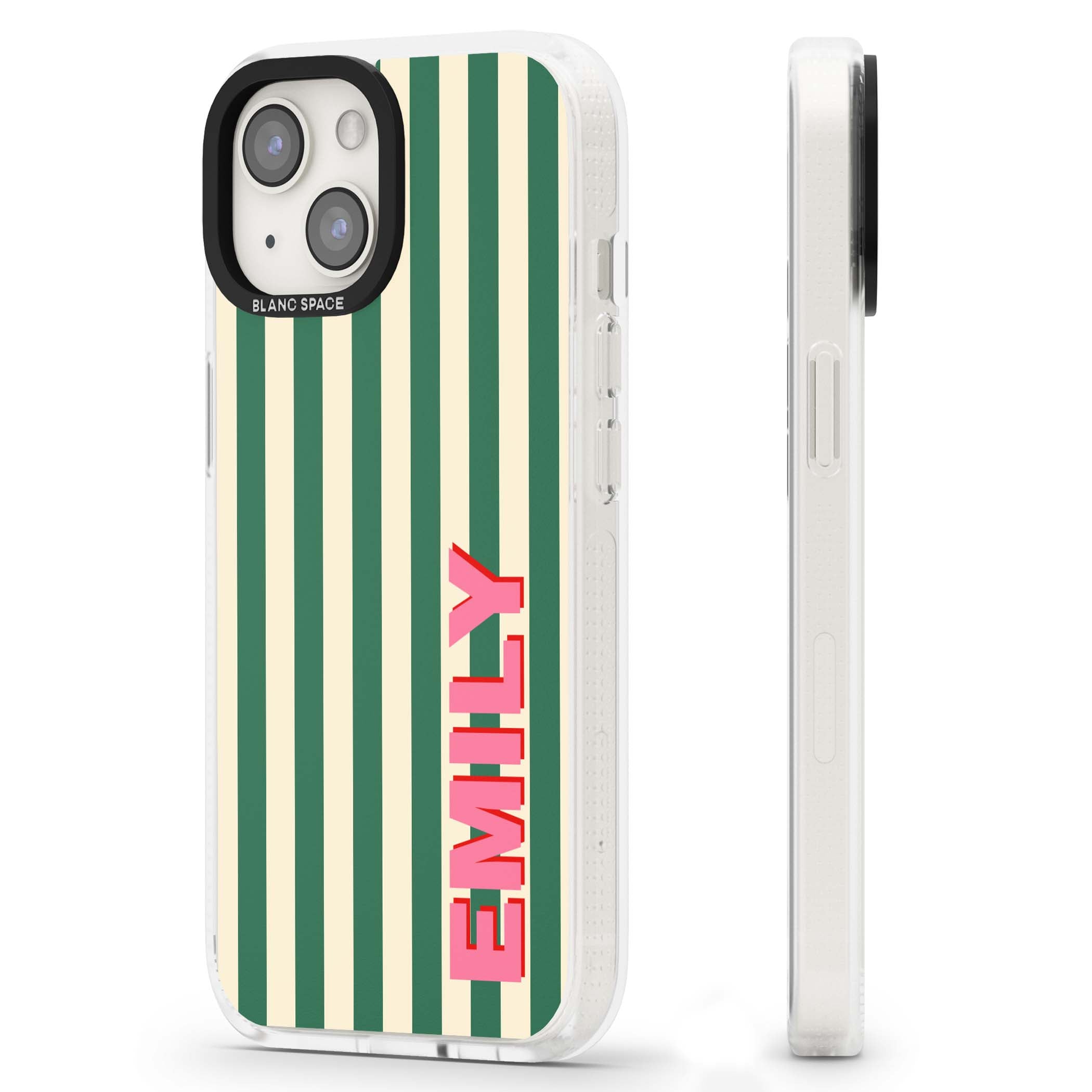 Wimbledon Stripe preppy iPhone case featuring green and cream vertical stripes with a personalised pink name | Clear Case Impact Air case for iPhone 15, iPhone 15 Plus