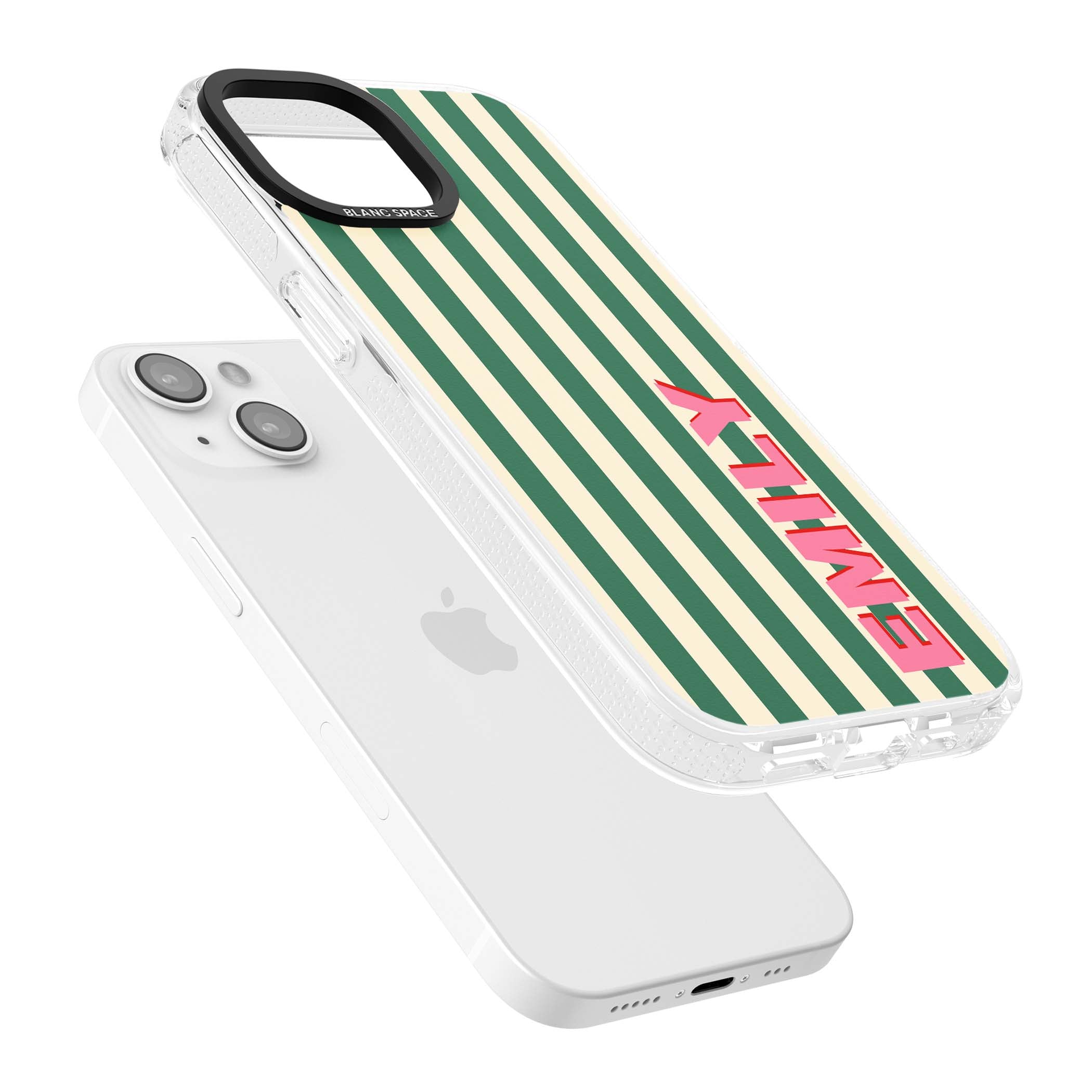 Wimbledon Stripe preppy iPhone case featuring green and cream vertical stripes with a personalised pink name | Clear Case Impact Air case for iPhone 15, iPhone 15 Plus