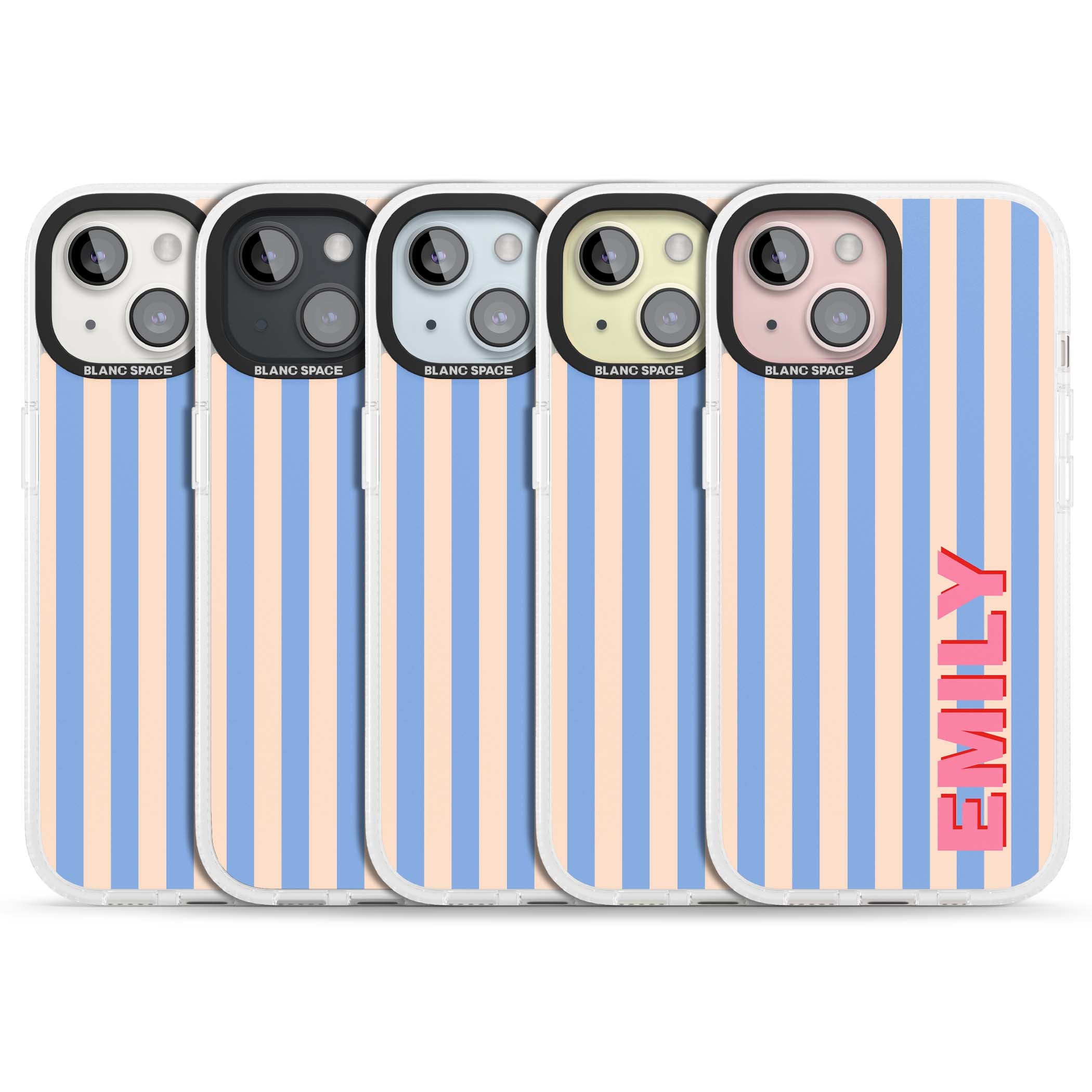 Coastal Stripe personalised coastal iPhone case with blue and peach vertical stripes and custom pink name | Clear Case Impact Air case for iPhone 15, iPhone 15 Plus