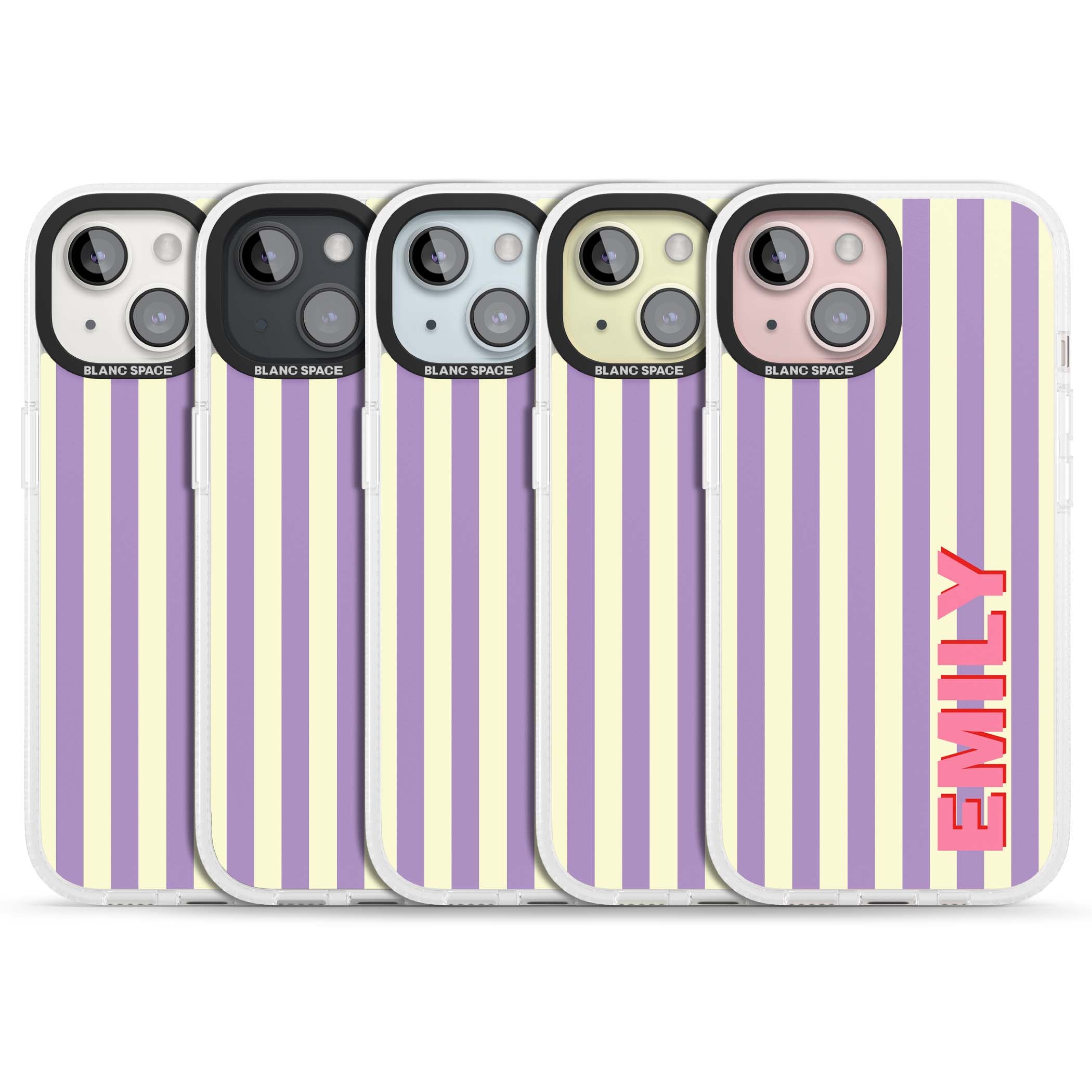 Valensole Stripe personalised iPhone case with purple and cream vertical stripes and pink custom name | Clear Case Impact Air case for iPhone 15, iPhone 15 Plus