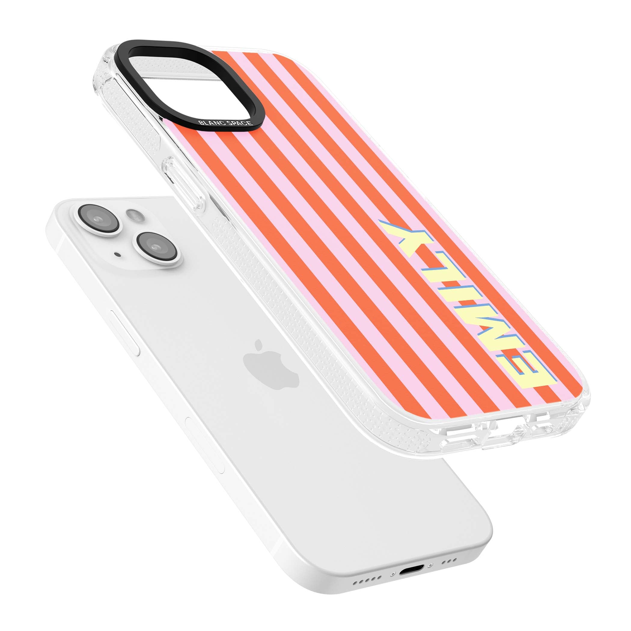 Havana Stripe personalised iPhone case featuring pink and orange vertical stripes with a custom yellow name | Clear Case Impact Air case for iPhone 15, iPhone 15 Plus