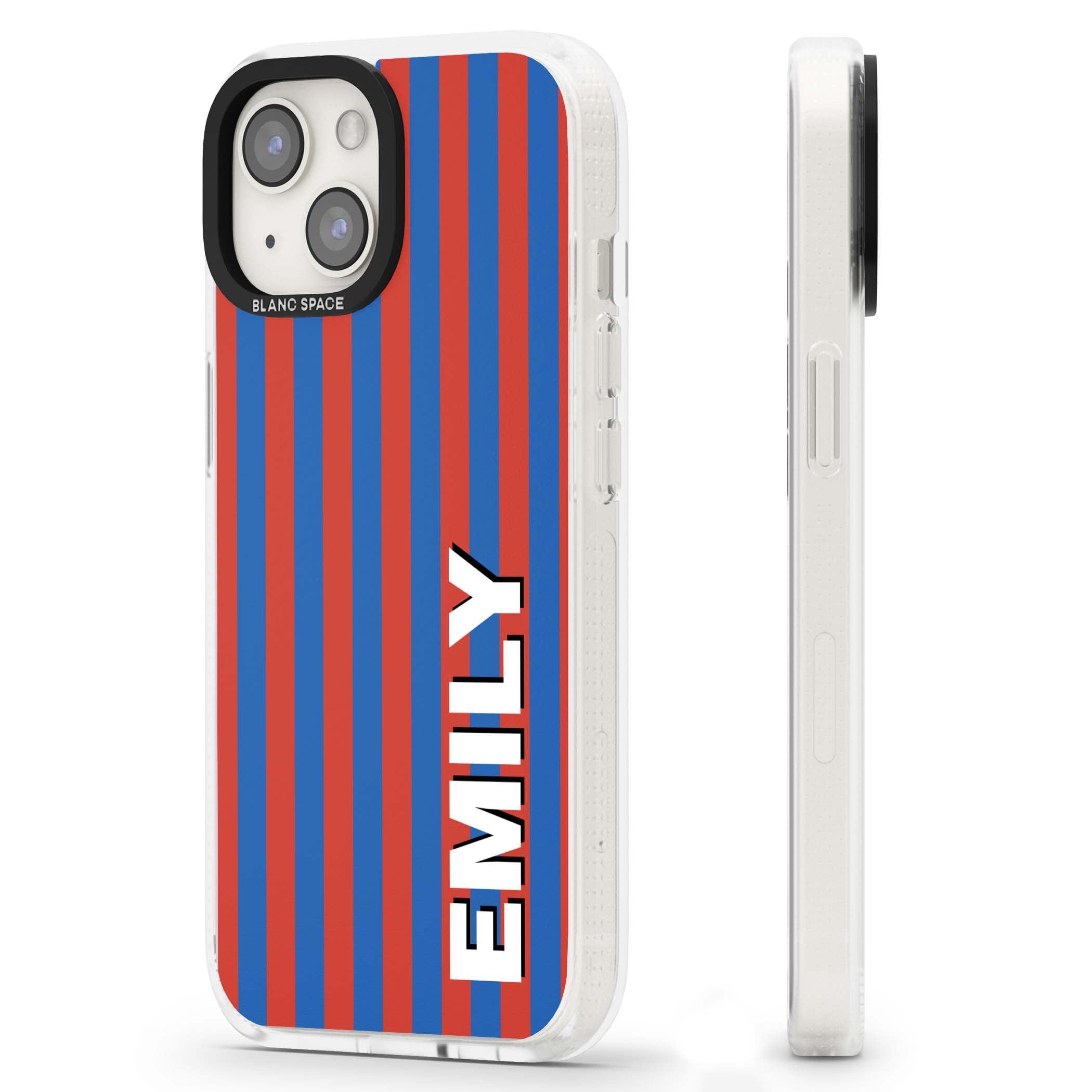 Cuban Stripe personalised iPhone case featuring red and blue vertical stripes with custom name in bold white letters | Clear Case Impact Air case for iPhone 15, iPhone 15 Plus