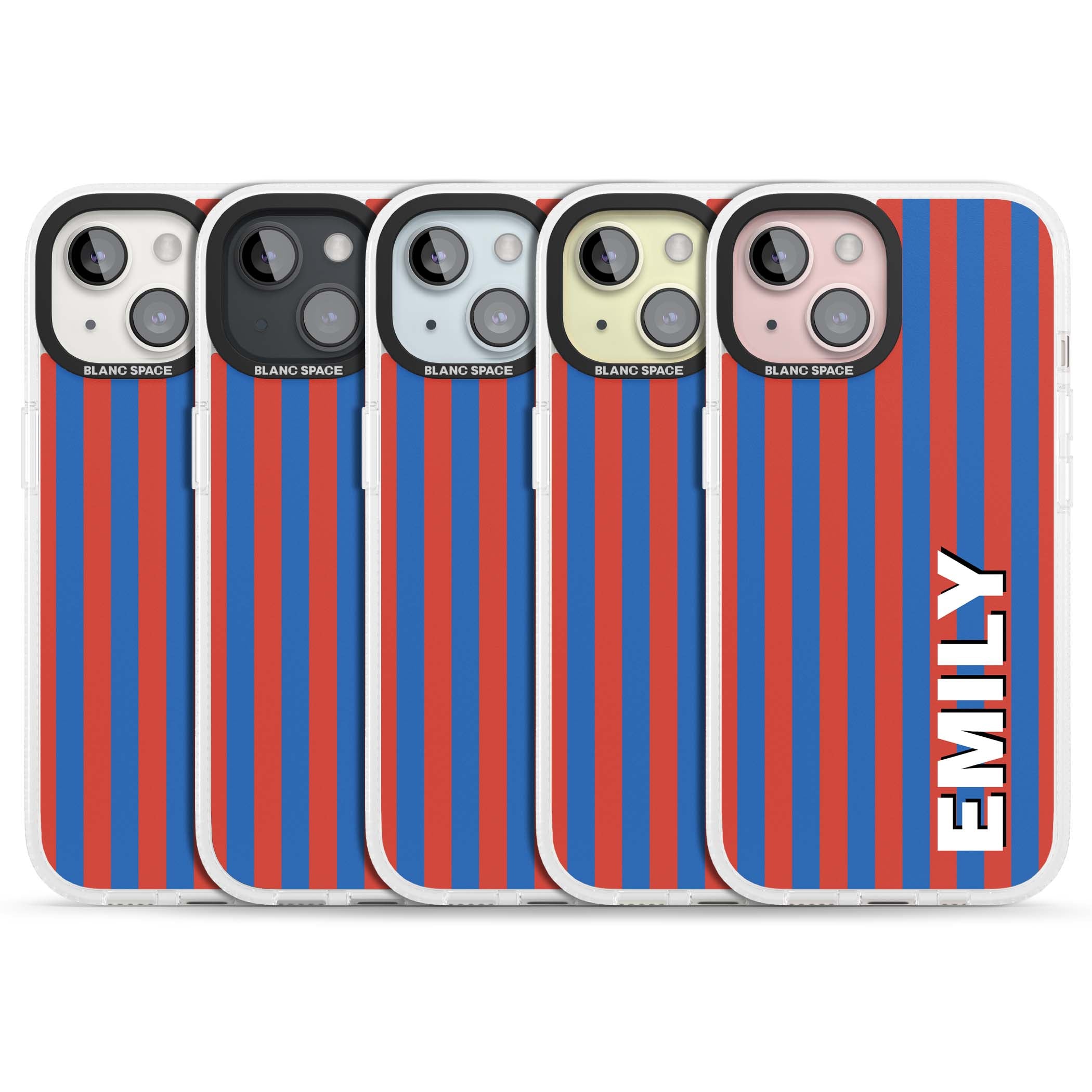 Cuban Stripe personalised iPhone case featuring red and blue vertical stripes with custom name in bold white letters | Clear Case Impact Air case for iPhone 15, iPhone 15 Plus
