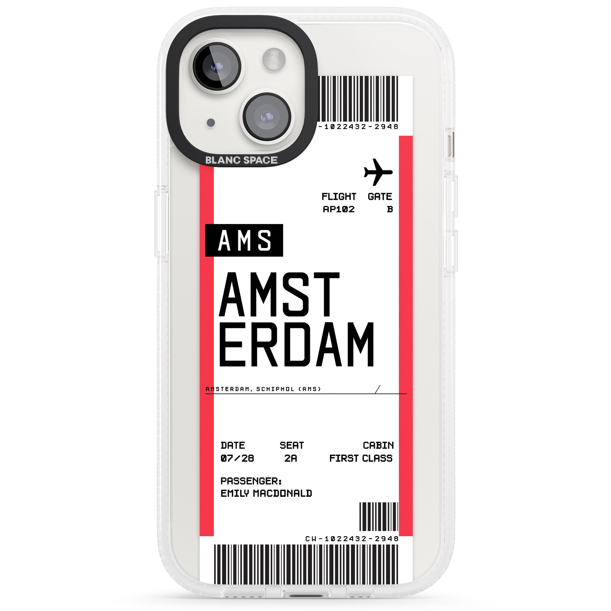 Personalised Amsterdam Boarding Pass iPhone 15 / 14 / 13 Clear Case Impact Air - Blanc Space