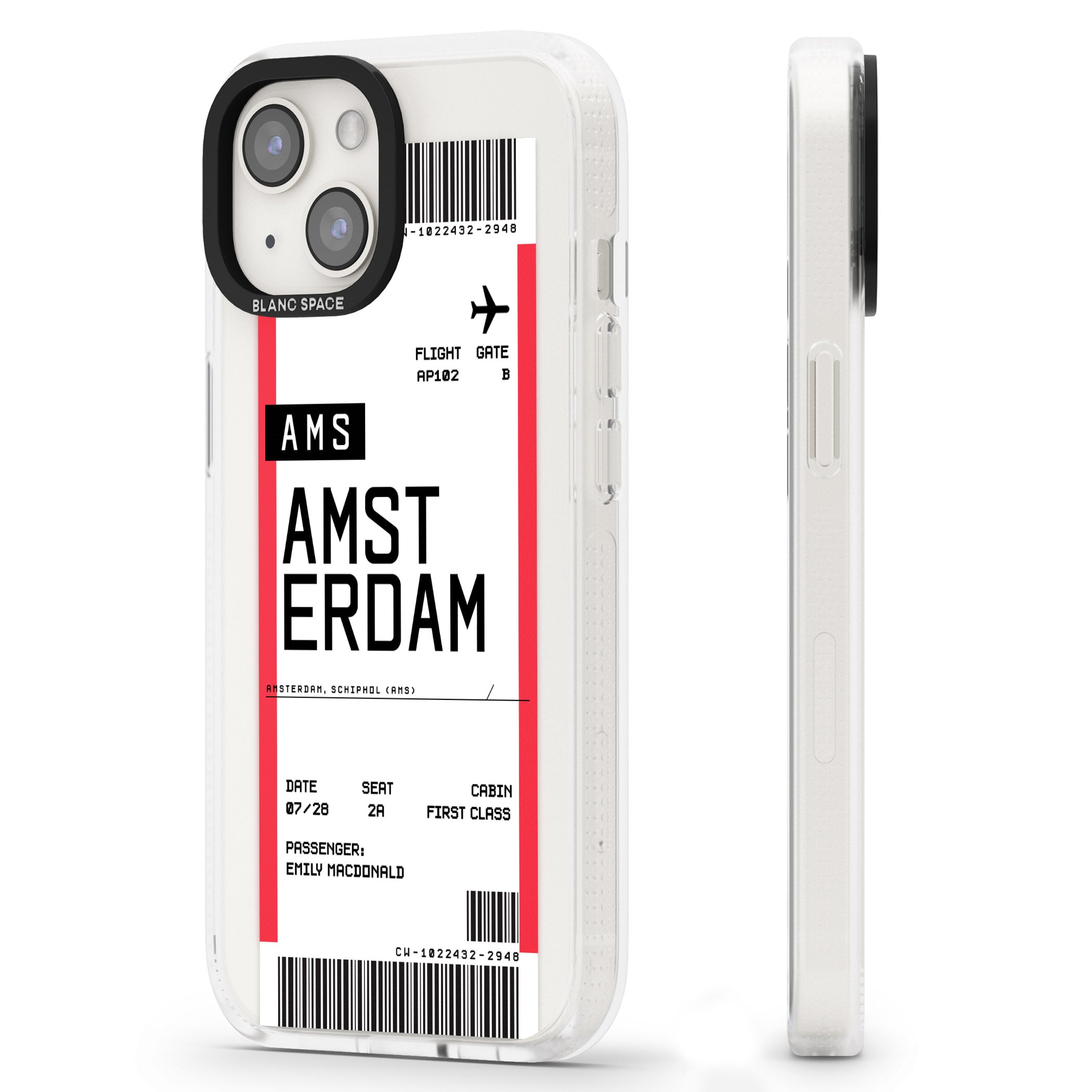 Personalised Amsterdam Boarding Pass iPhone 15 / 14 / 13 Clear Case Impact Air - Blanc Space