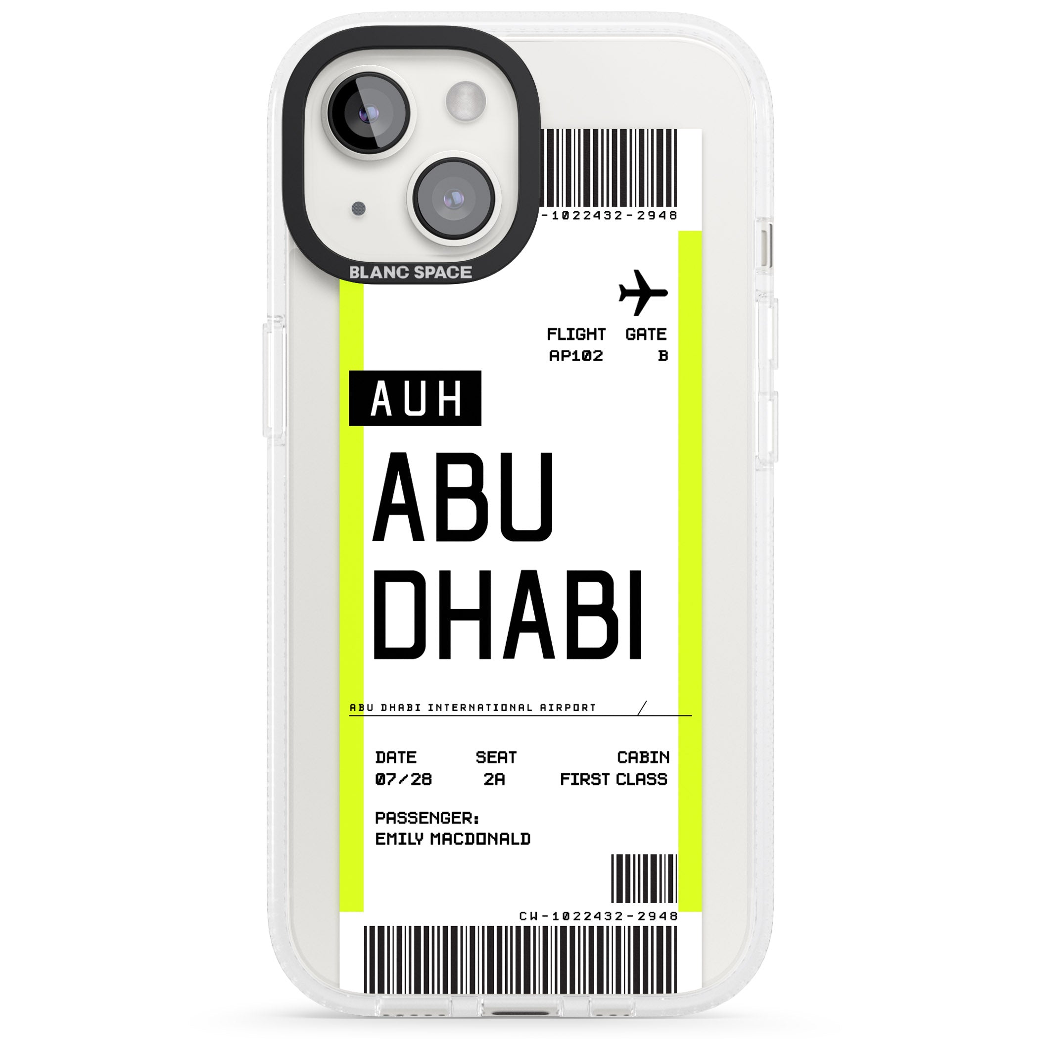 Personalised Abu Dhabi Boarding Pass iPhone 15 / 14 / 13 Clear Case Impact Air - Blanc Space