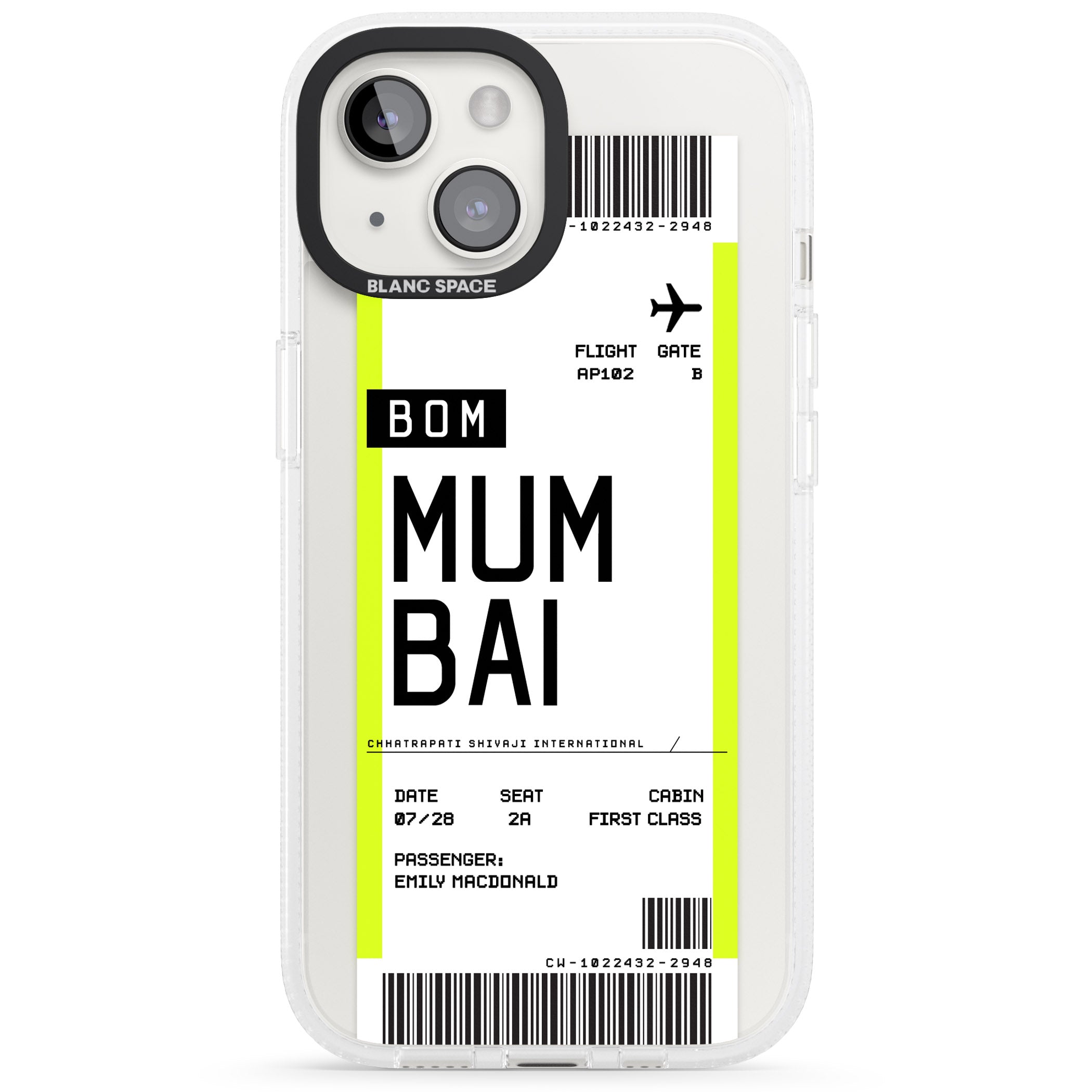 Personalised Mumbai Boarding Pass iPhone 15 / 14 / 13 Clear Case Impact Air - Blanc Space