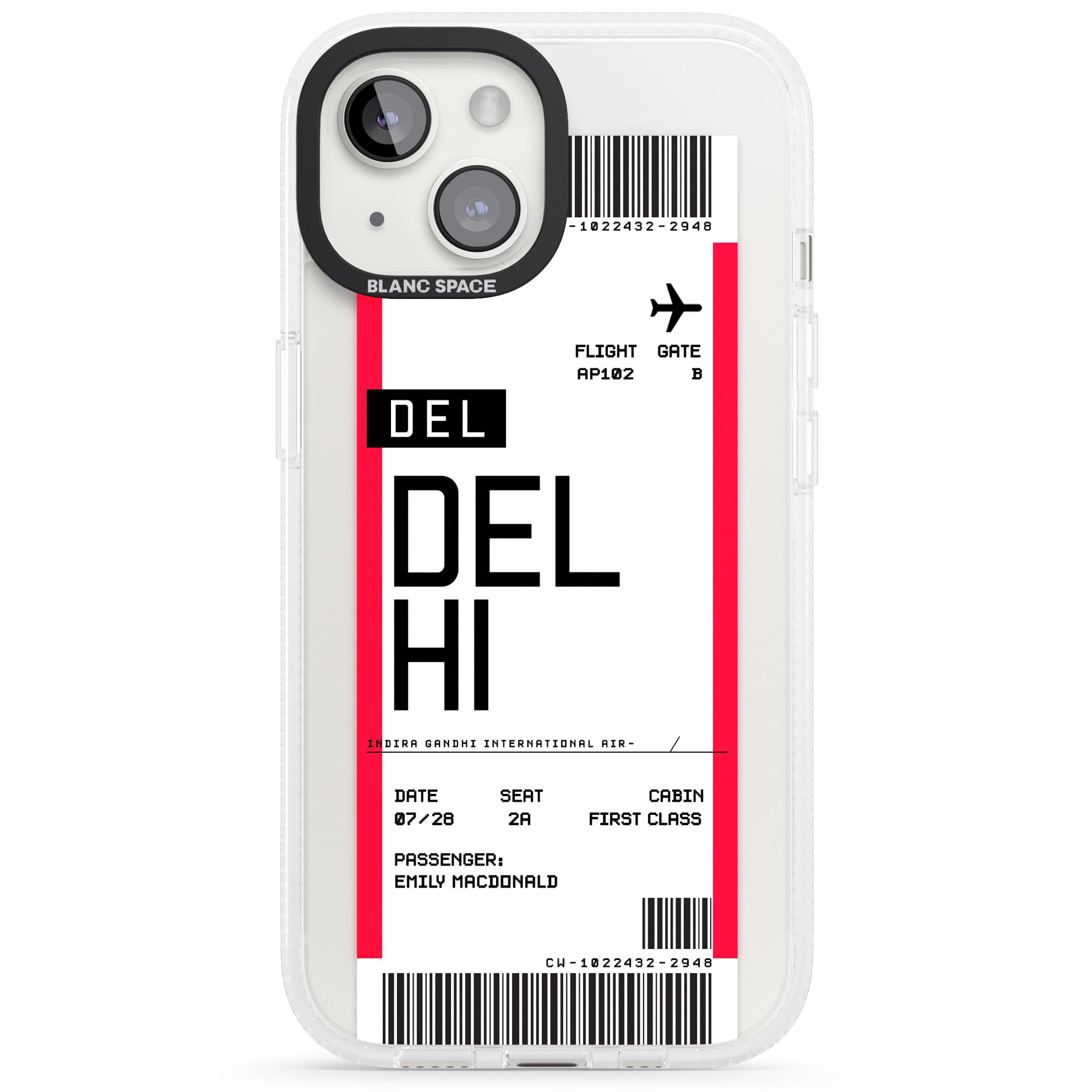 Personalised Delhi Boarding Pass iPhone 15 / 14 / 13 Clear Case Impact Air - Blanc Space