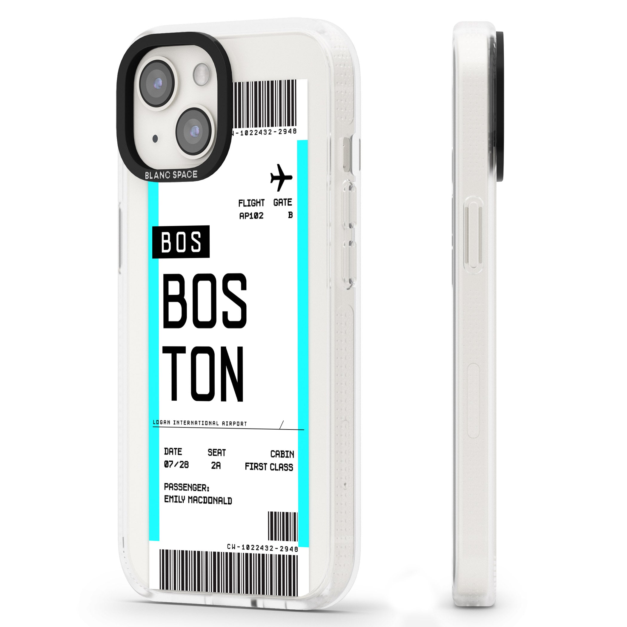 Personalised Boston Boarding Pass iPhone 15 / 14 / 13 Clear Case Impact Air - Blanc Space