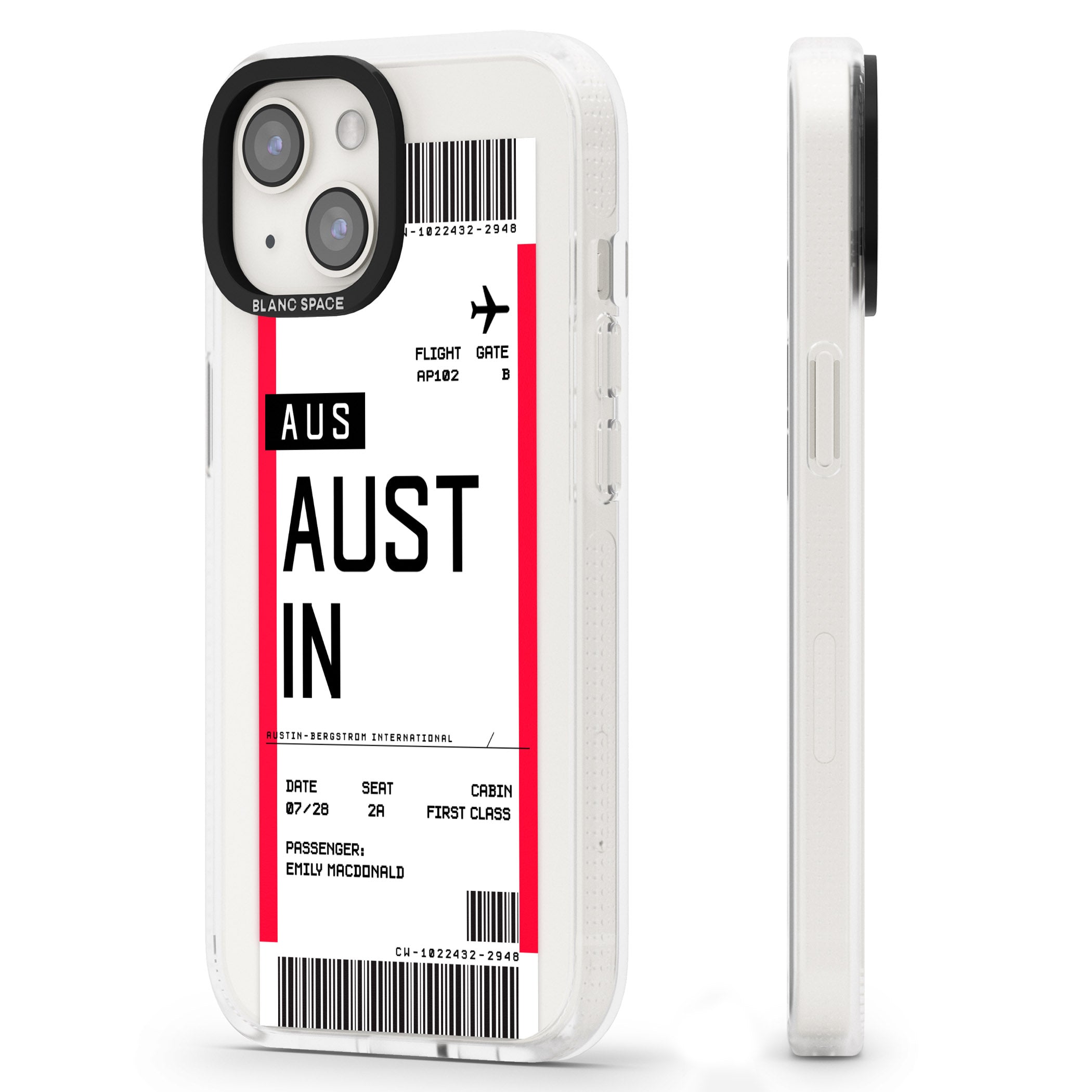 Personalised Austin Boarding Pass iPhone 15 / 14 / 13 Clear Case Impact Air - Blanc Space