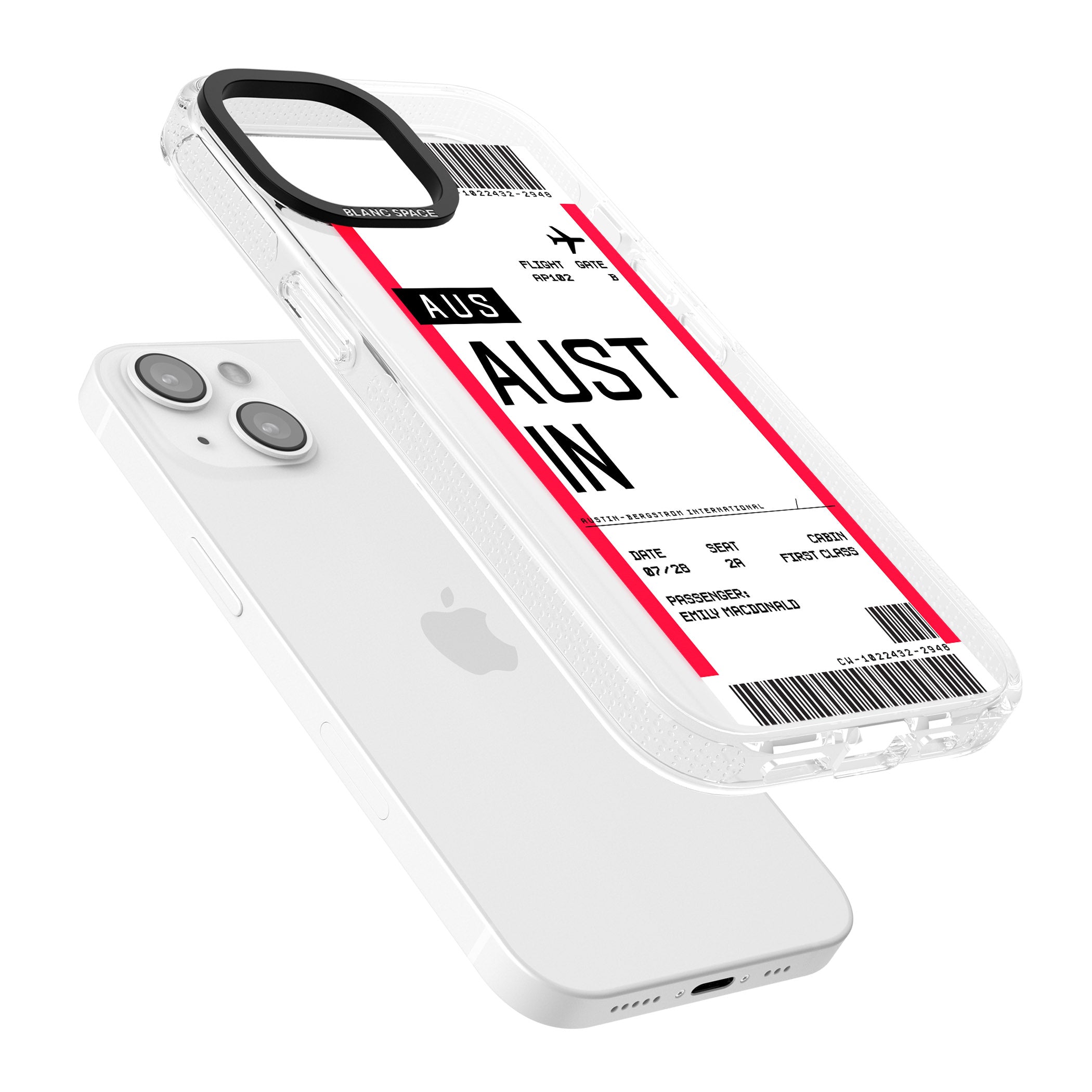 Personalised Austin Boarding Pass iPhone 15 / 14 / 13 Clear Case Impact Air - Blanc Space