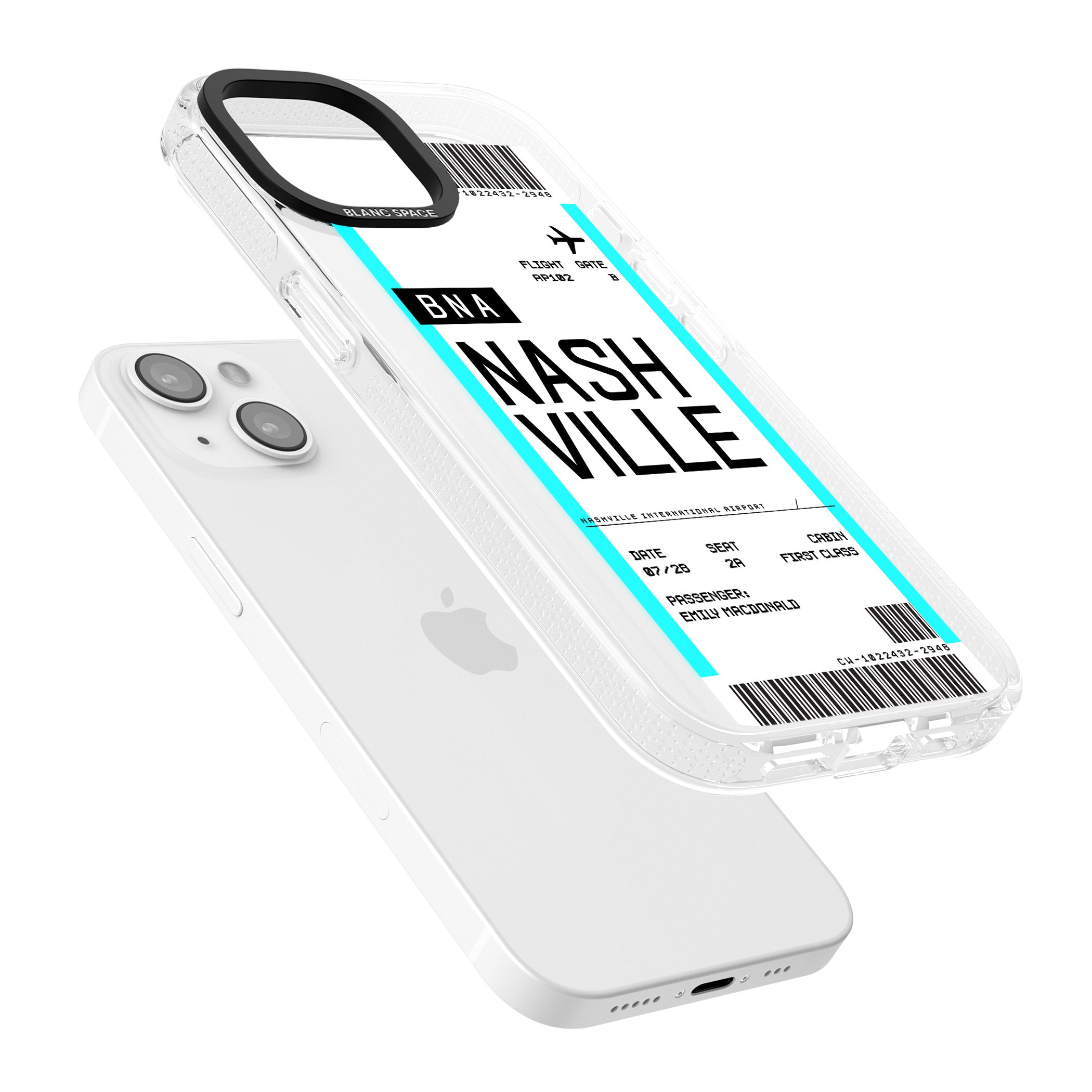 Personalised Nashville Boarding Pass iPhone 15 / 14 / 13 Clear Case Impact Air - Blanc Space