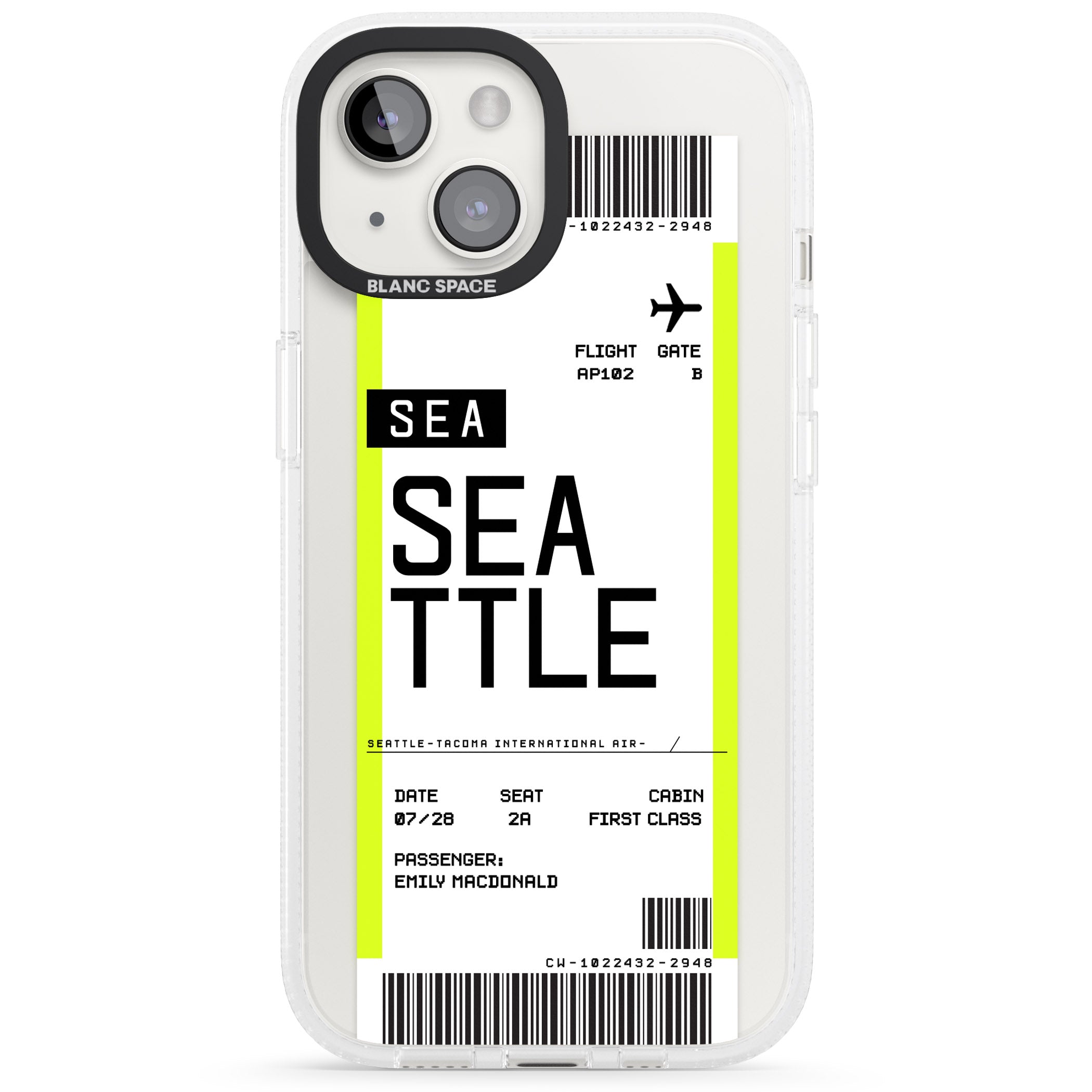 Personalised Seattle Boarding Pass iPhone 15 / 14 / 13 Clear Case Impact Air - Blanc Space